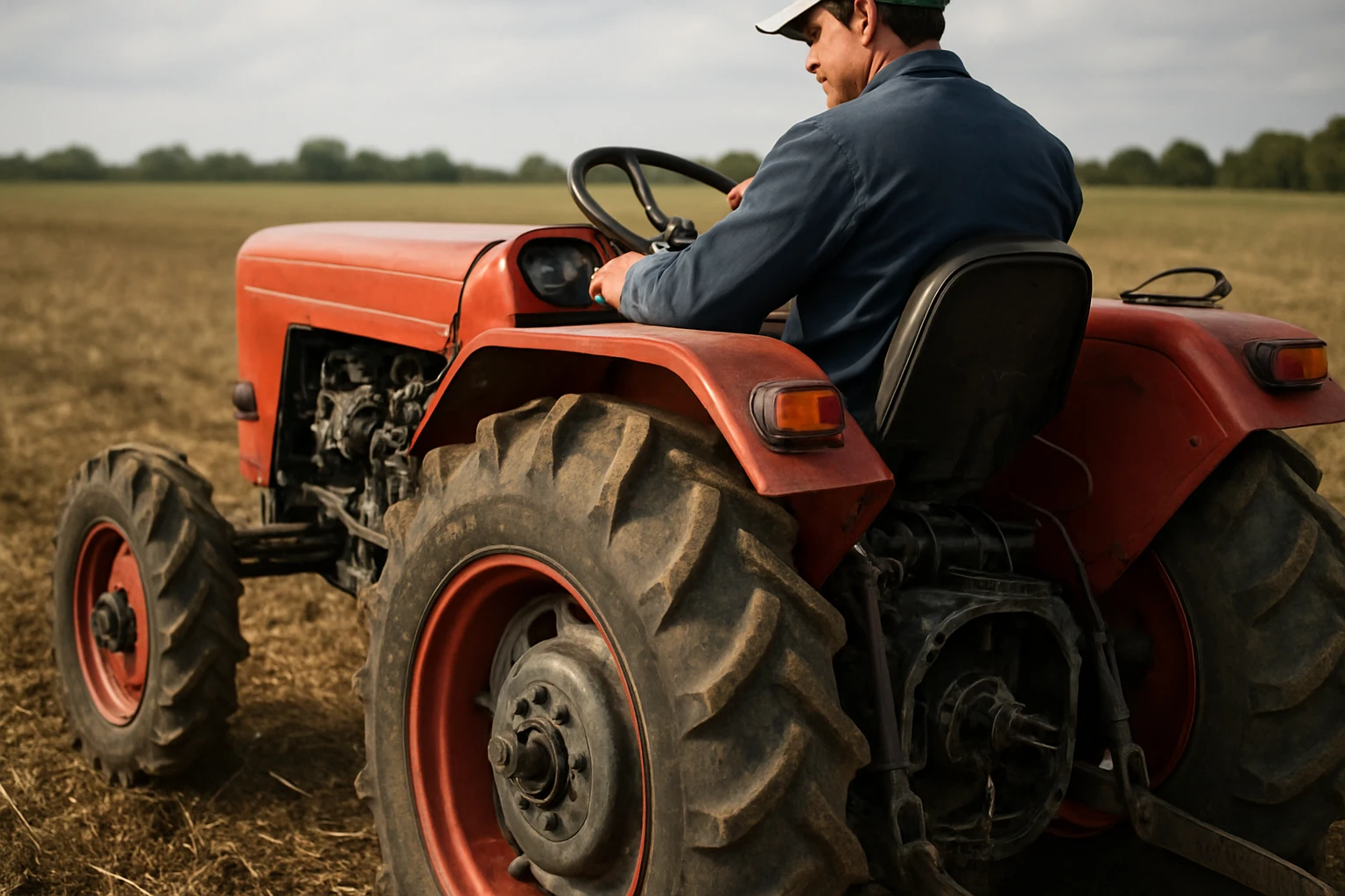 Farmer driving MTZ tractor in the field