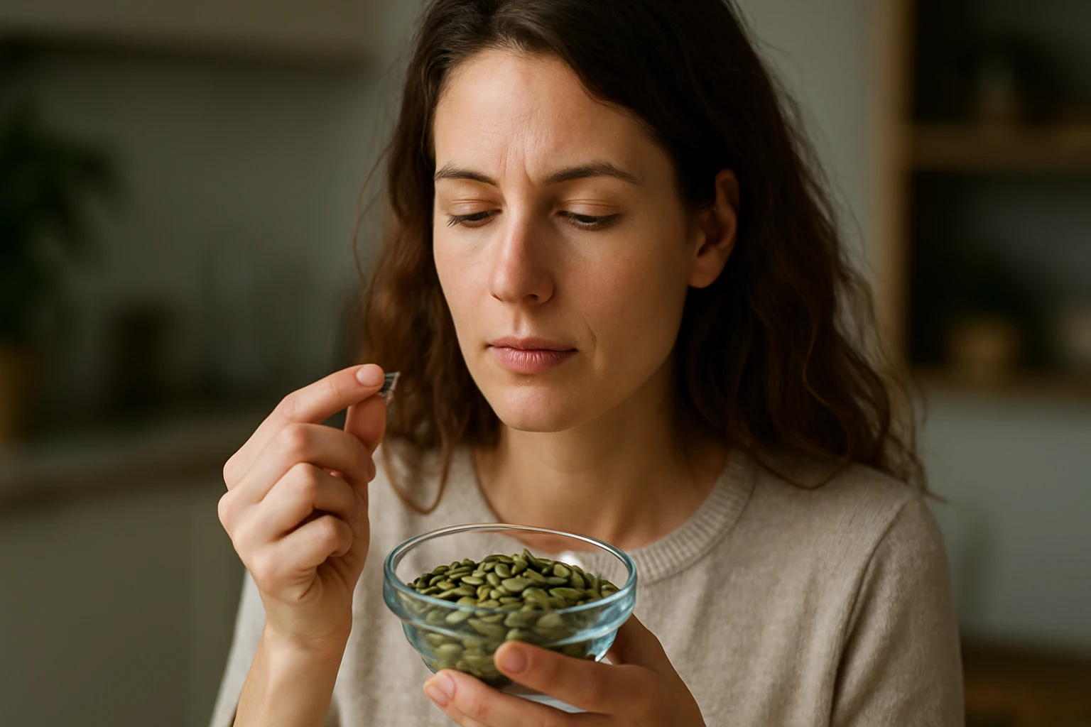 Žena drži misku s tekvicovými semienkami, premýšľa o ich výhodách.