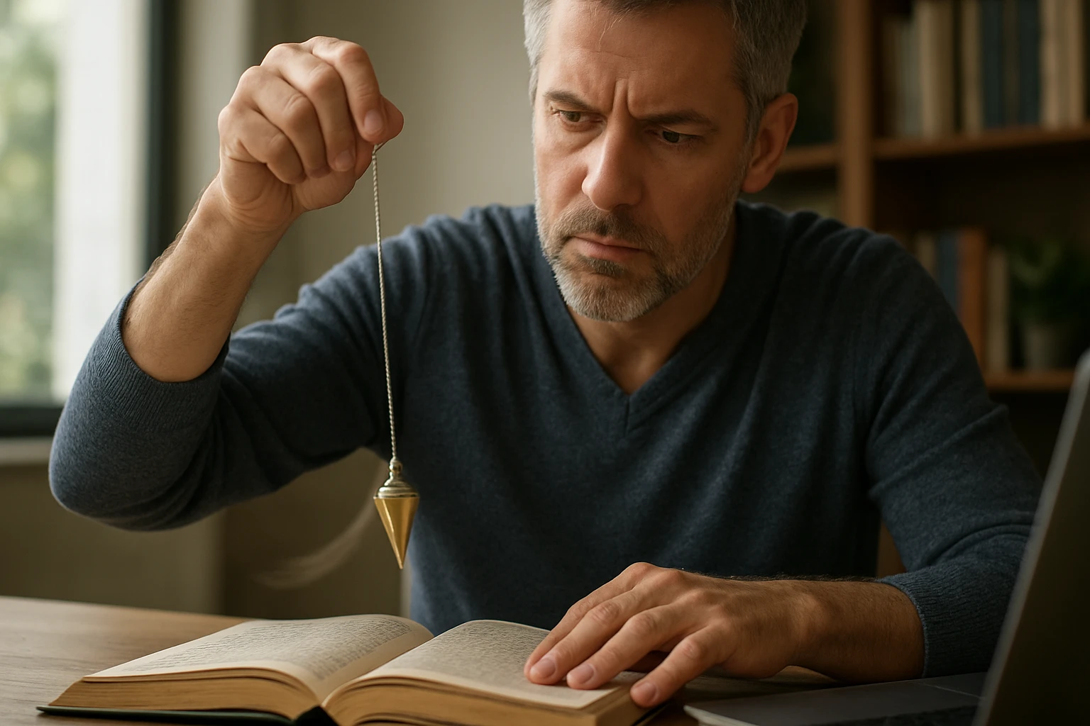 Muž s kyvadlom nad knihou, skúma vedecké fakty o kyvadle.