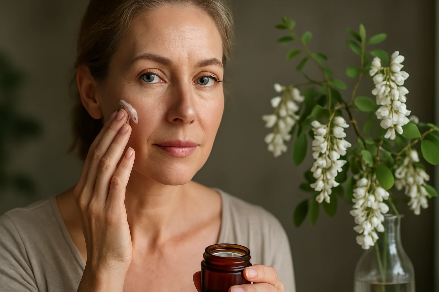 Žena nanášajúca krém na pleť s agátovým kvetom v pozadí