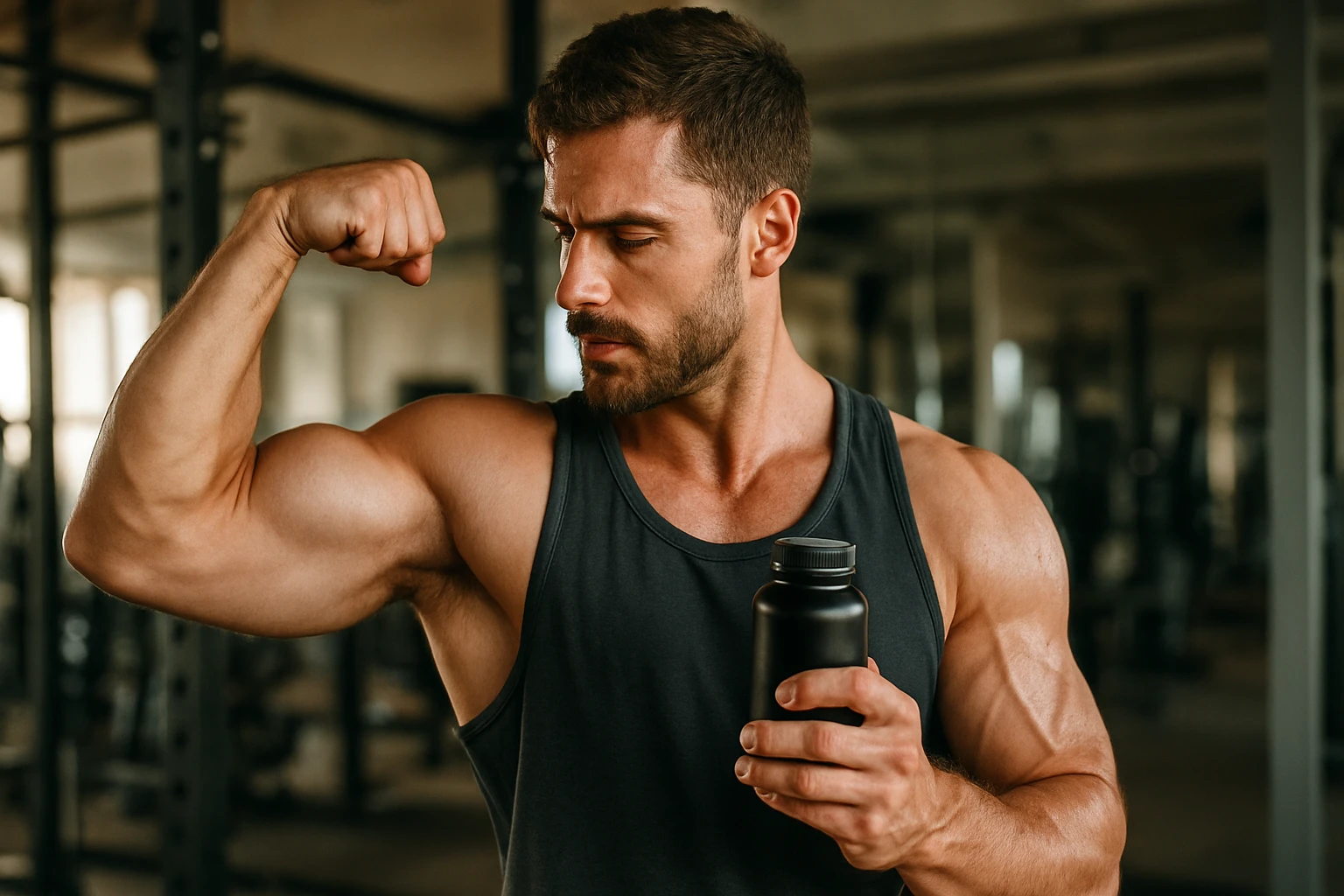 Muž ukazuje na svoje svaly s fľašou izoleucínu v posilňovni.