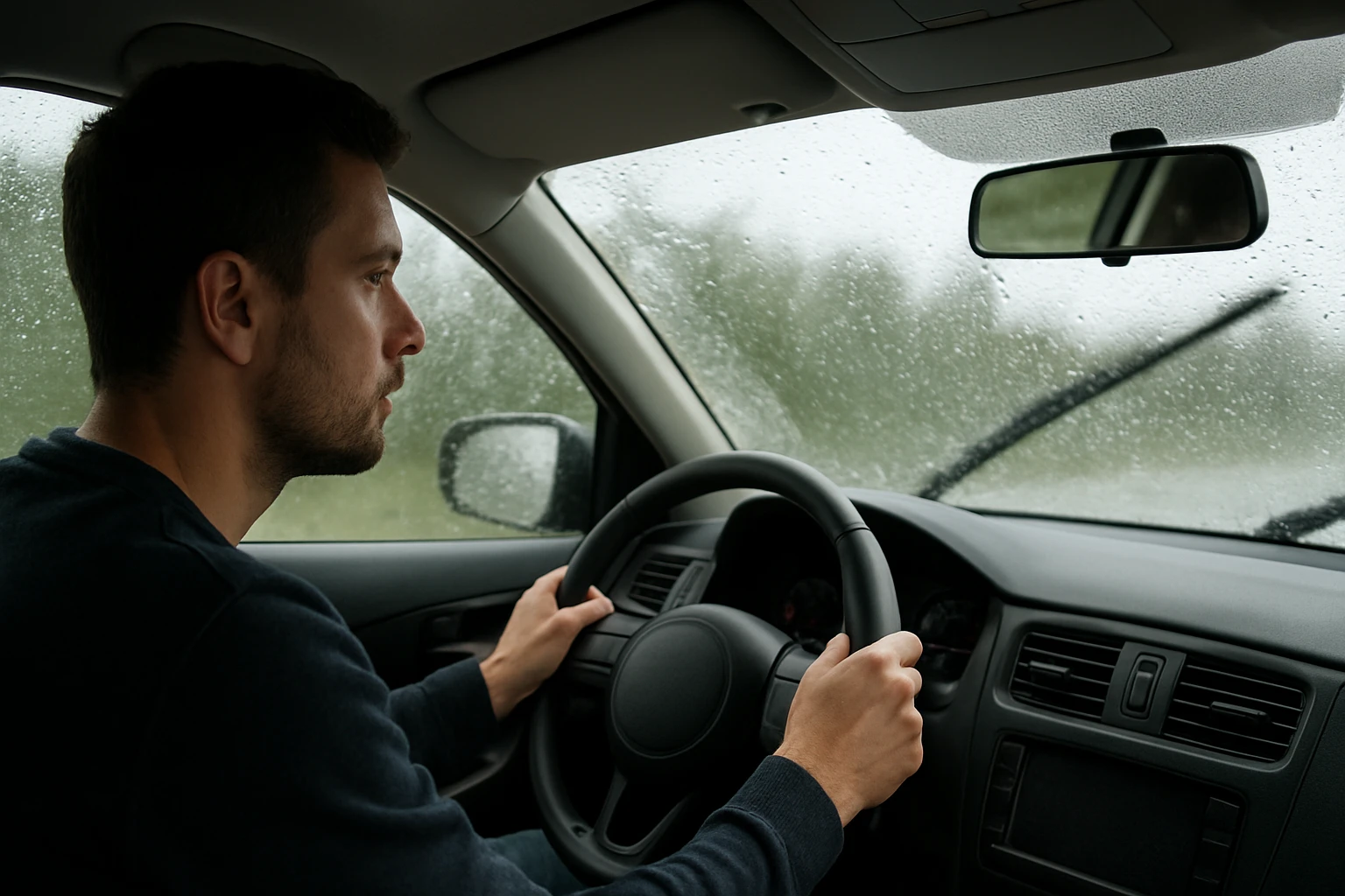 Muž šoféruje auto s dažďovými kvapkami na okne