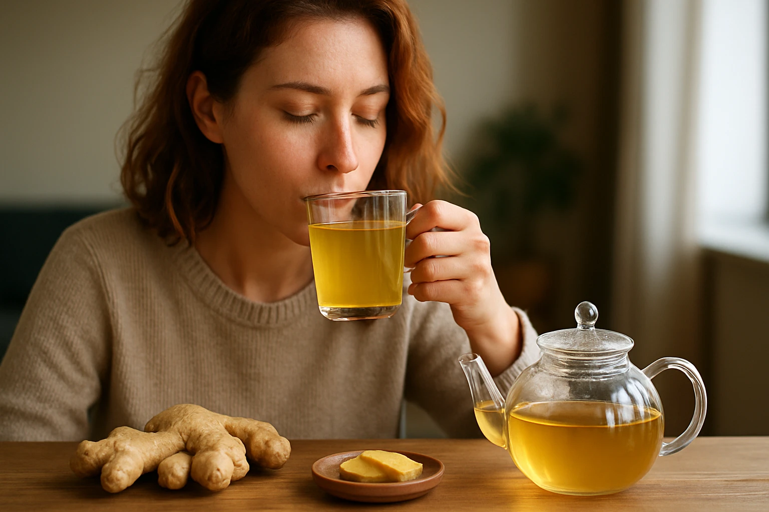 Žena s zázvorovým čajom a koreňom zázvoru na drevenom stole.