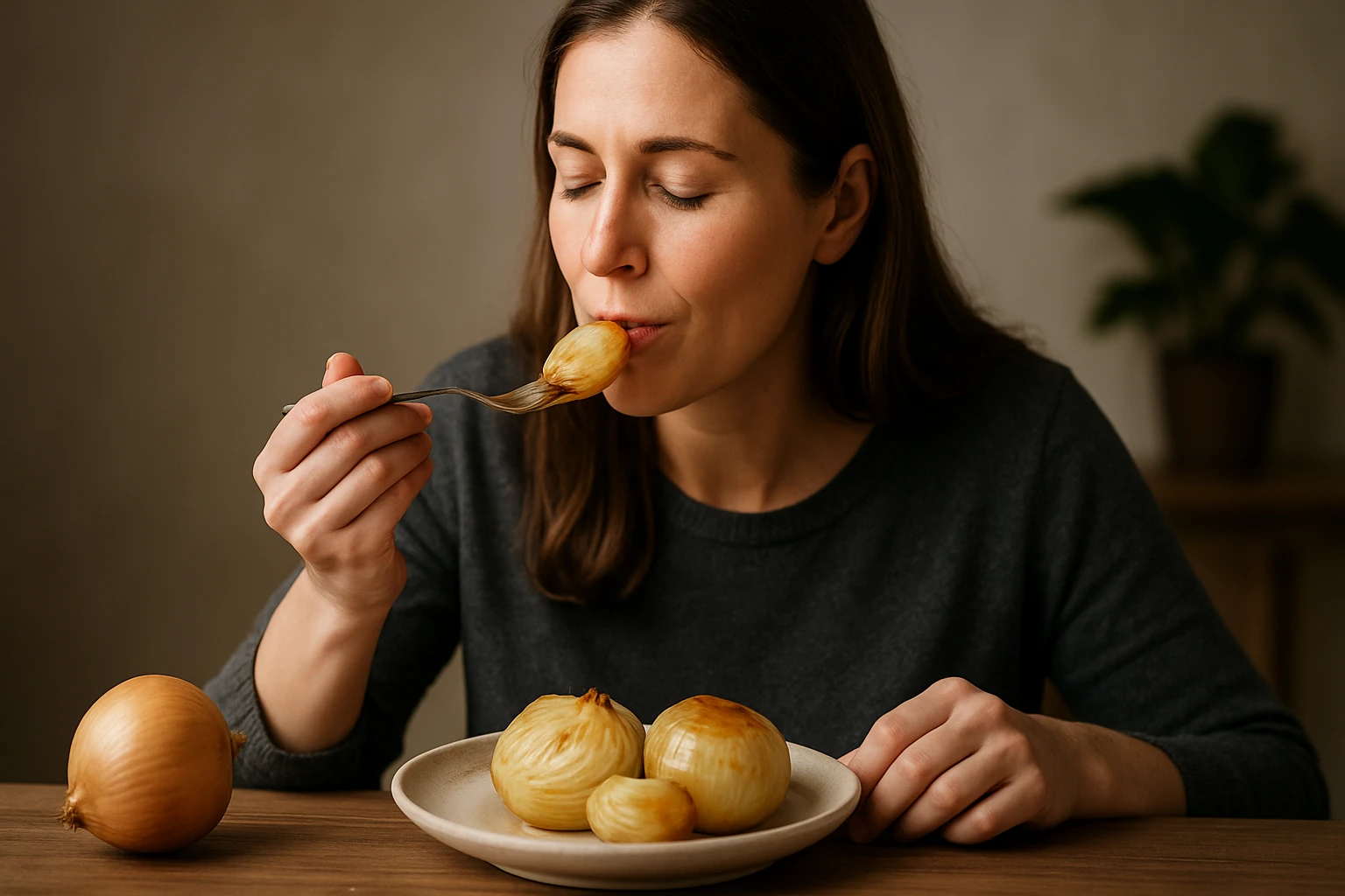 Žena si vychutnáva varenú cibuľu zatvorenými očami.