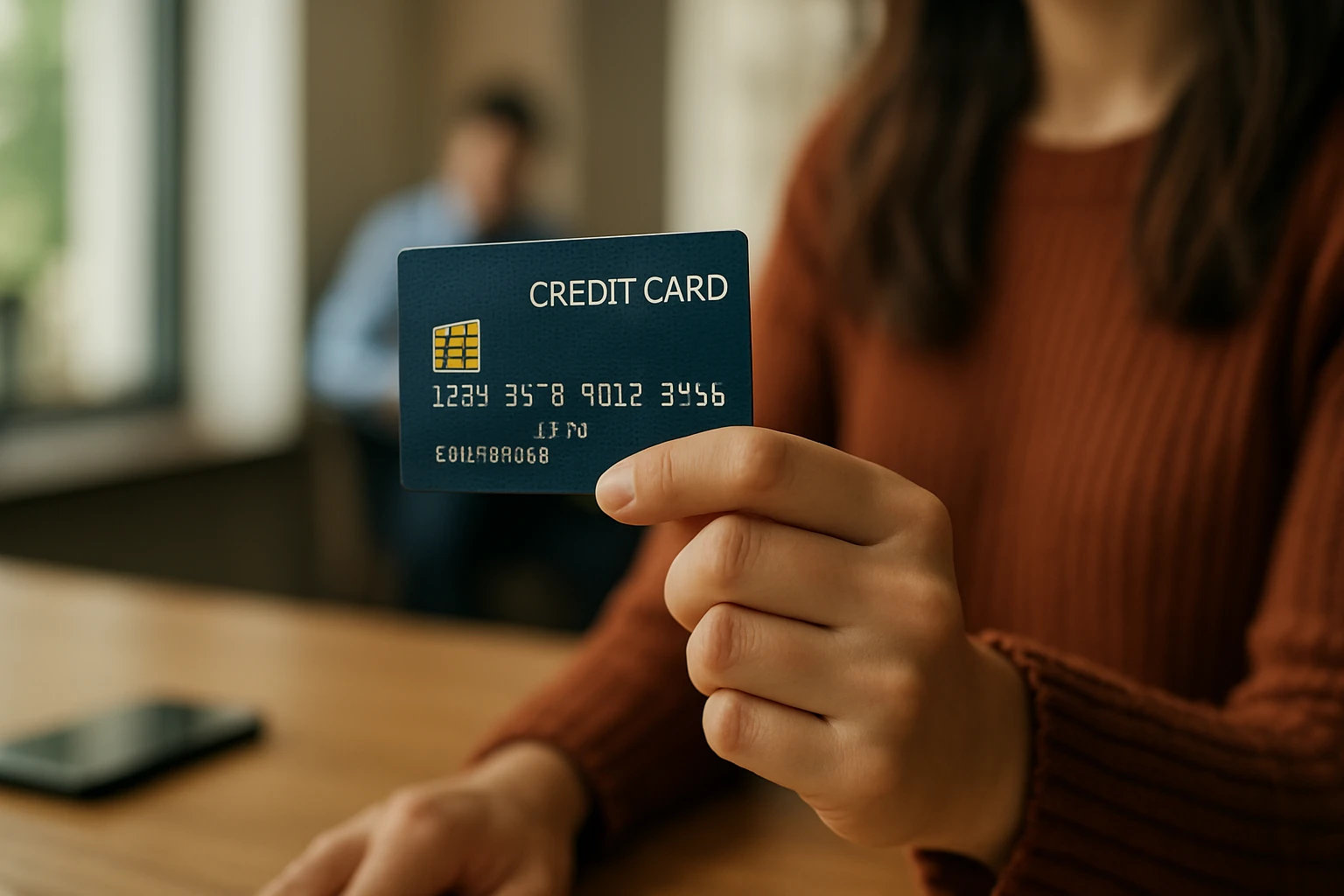 Žena drži embosovanú platobnú kartu v ruke s pozadím.