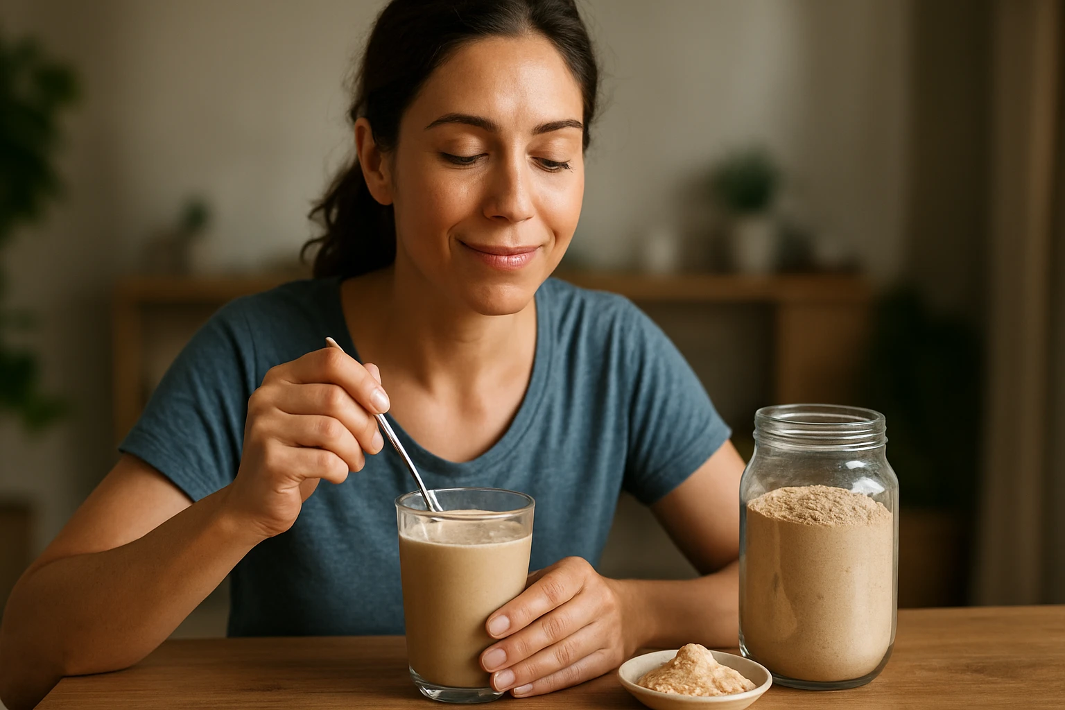 Žena si vychutnáva maca práškový nápoj na zlepšenie zdravia.