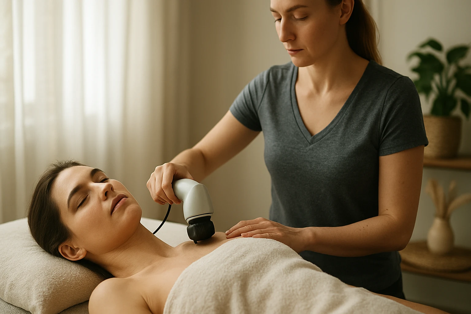 Žena na vlnovej masáži v relaxačnom prostredí