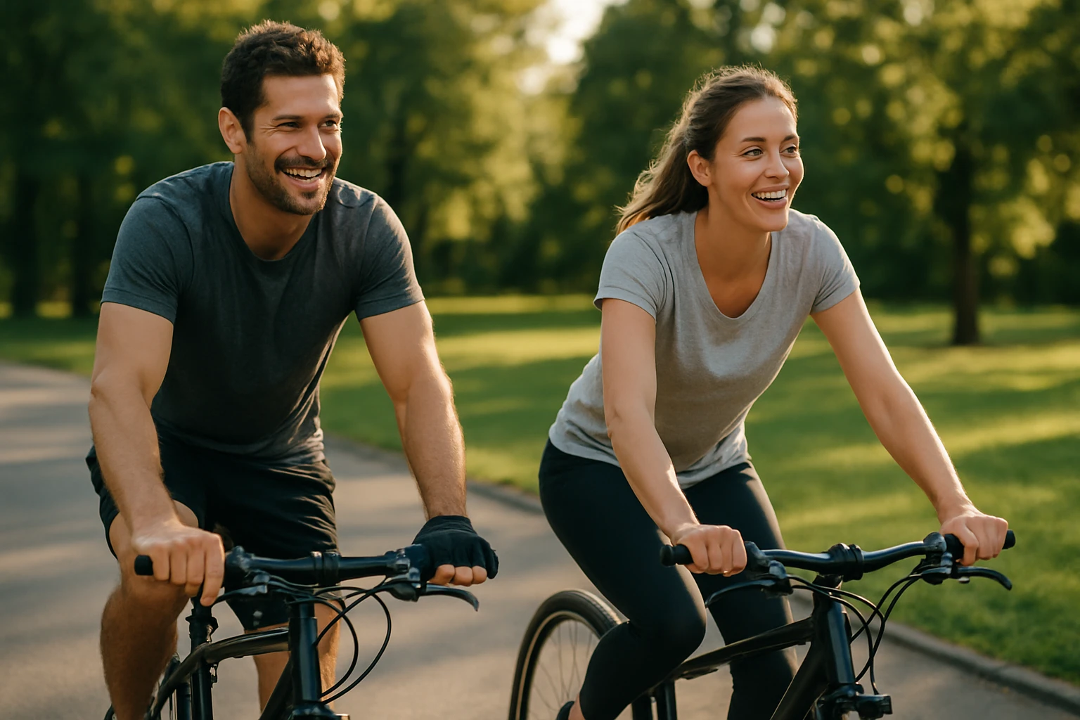 Šťastný pár jazdiaci na bicykloch v prírode
