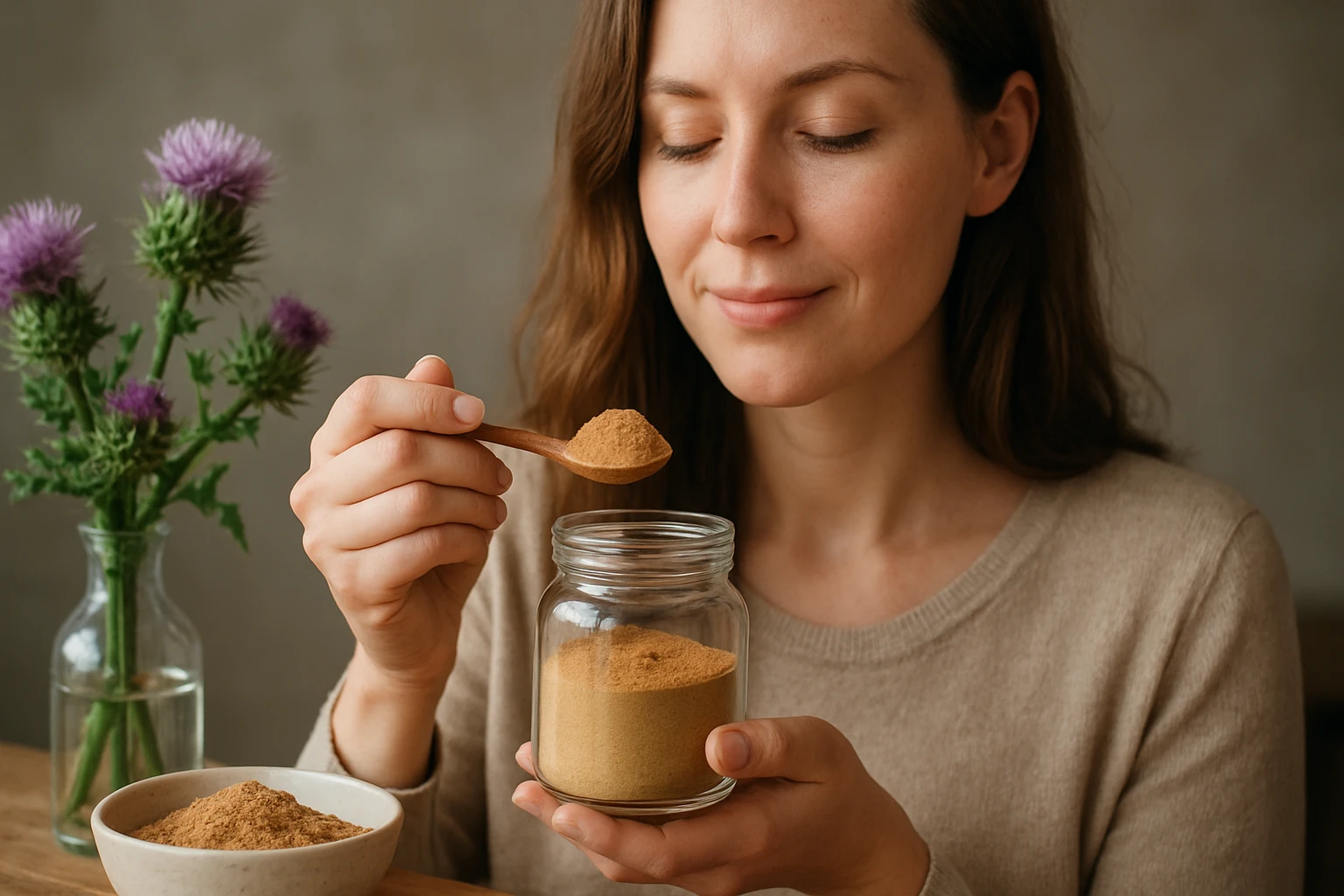 Žena drži lyžicu prášku z ostropestreca mariánskeho v ruke