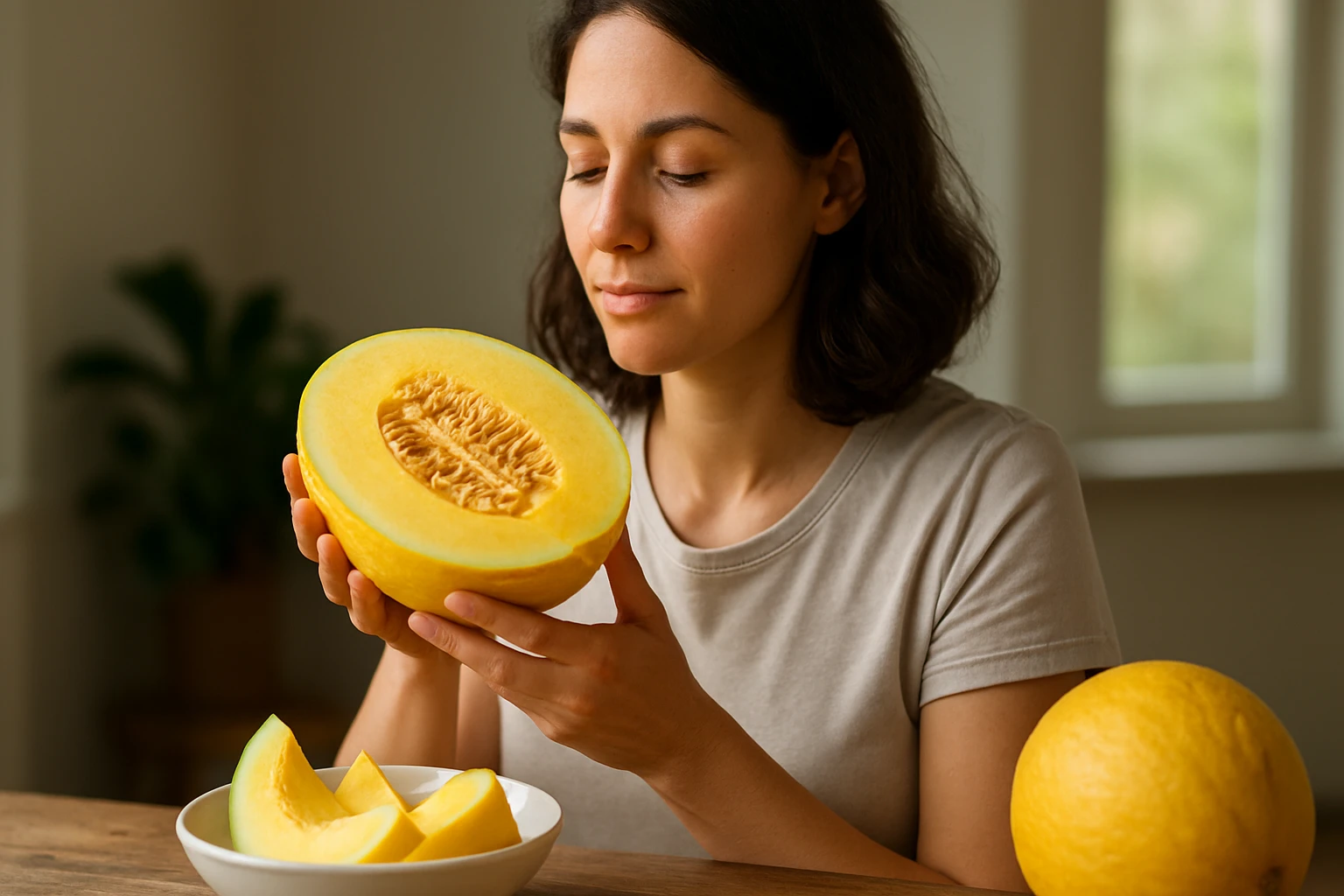 Žena skúma žltý melón, ktorý je bohatý na vitamíny a antioxidanty.