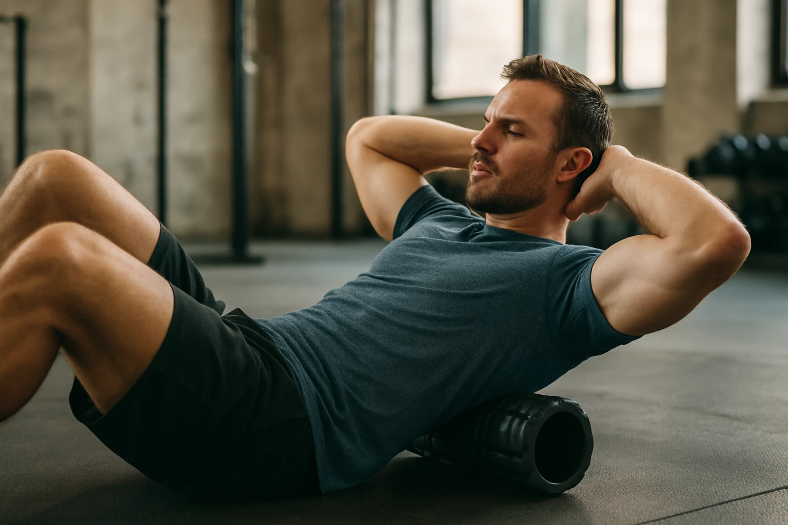 Muž cvičí s SMR valcom na regeneráciu svalov v posilňovni.