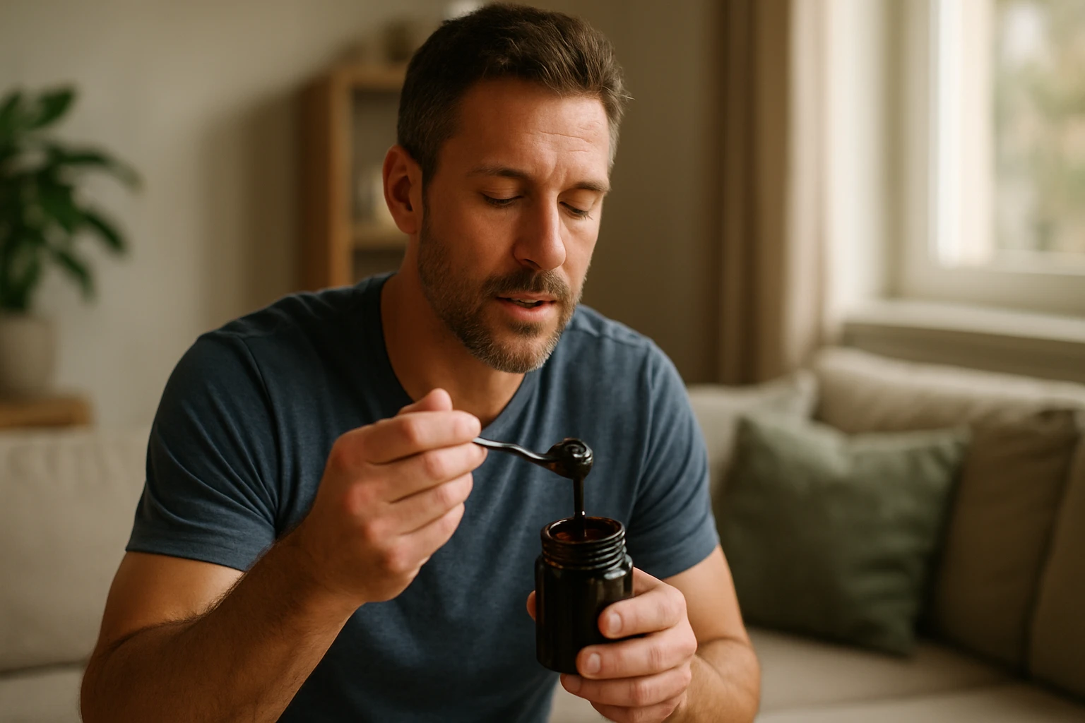 Muž konzumuje Shilajit z tmavej nádoby pre zvýšenie vitality.