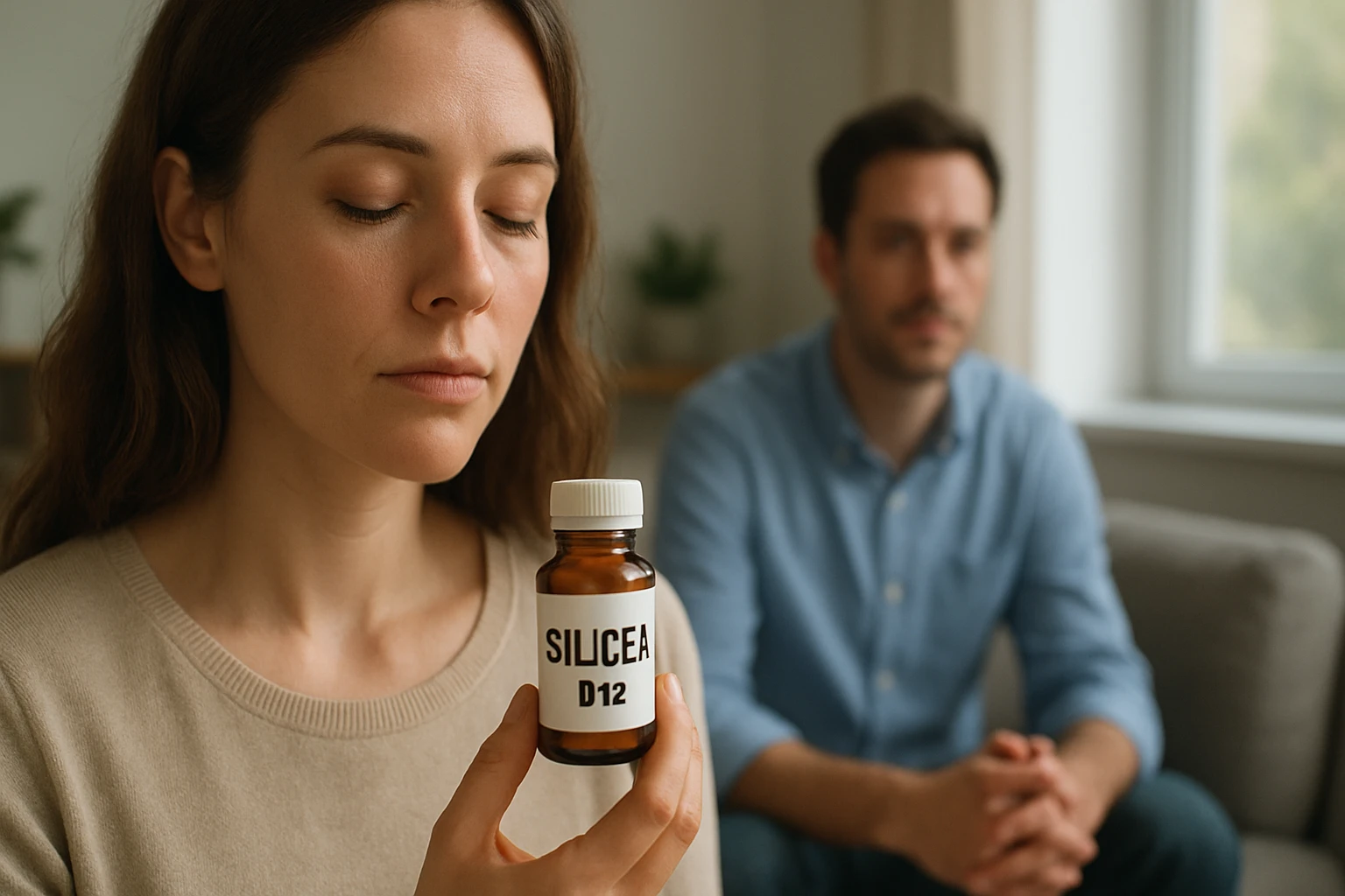 Žena hľadí na fľašu Silicea D12, symbol prirodzeného zdravia.