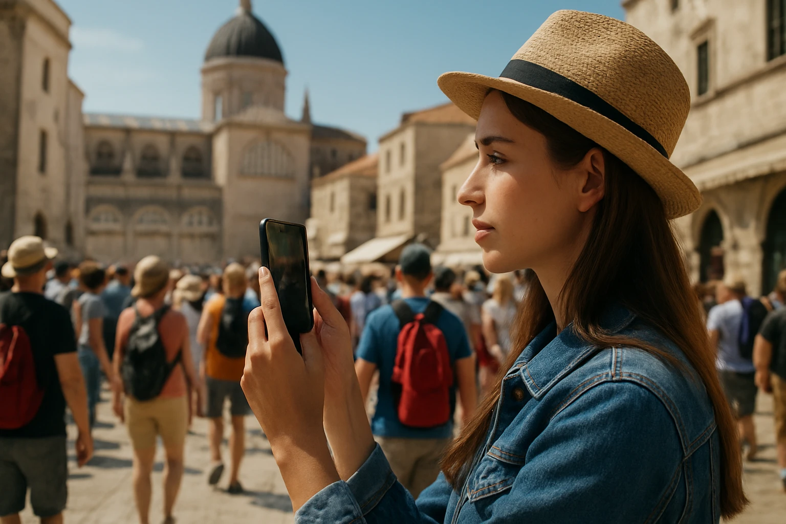 Žena natáča video na smartphone v rušnom turistickom meste.