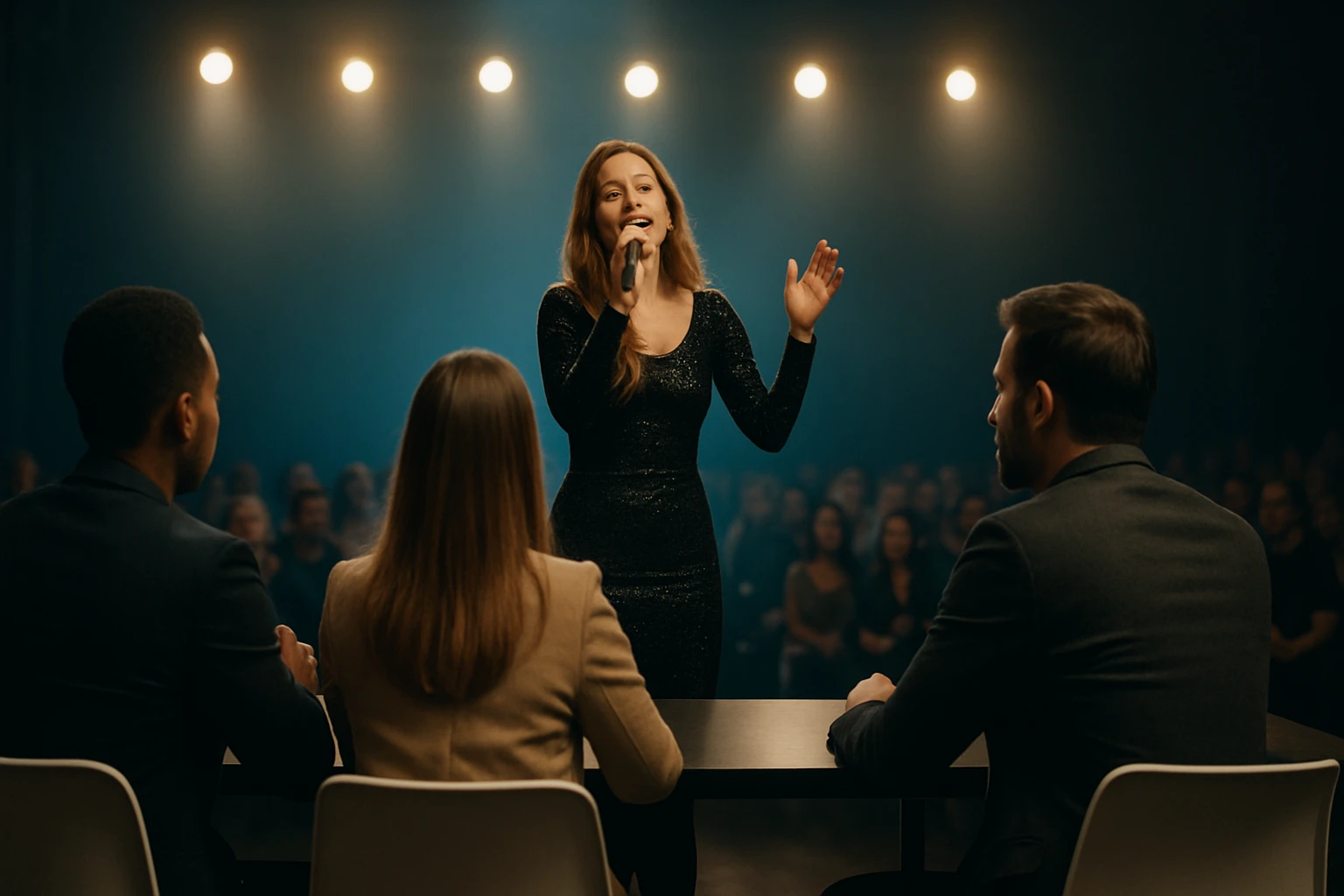 Speváčka vystupujúca na talentovej súťaži pred porotou a publikom.