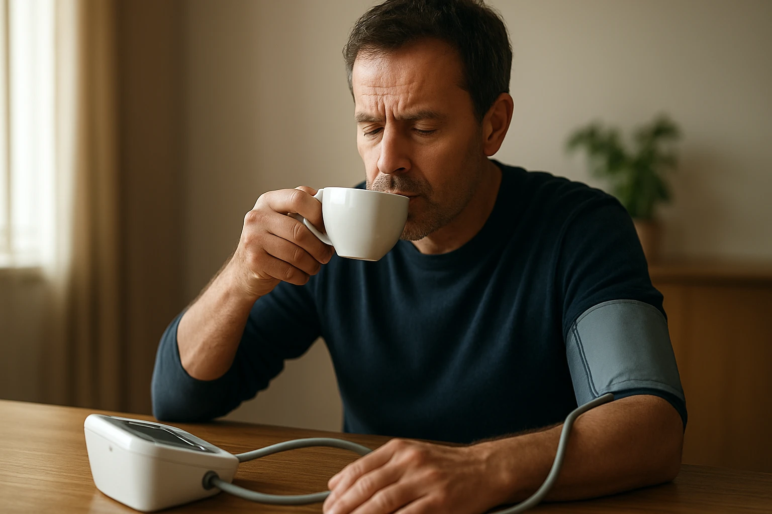 Muž pijúci kávu a merajúci krvný tlak doma.