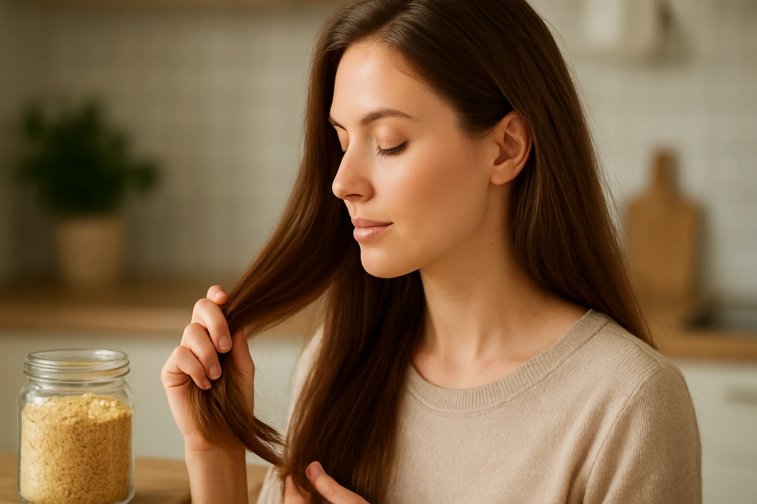 Žena objavuje tajomstvá krásnych a zdravých vlasov s pivovarskými kvasnicami.