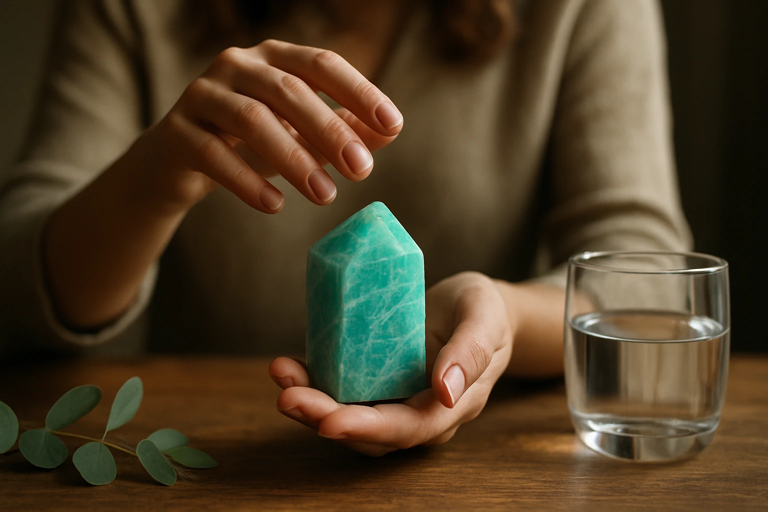 Žena drží amazonitový kameň v ruke s pohárom vody po boku