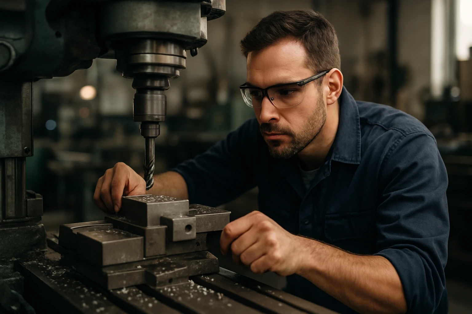 Majster frézovania kontroluje nastavenia frézy na obrábanie kovov.