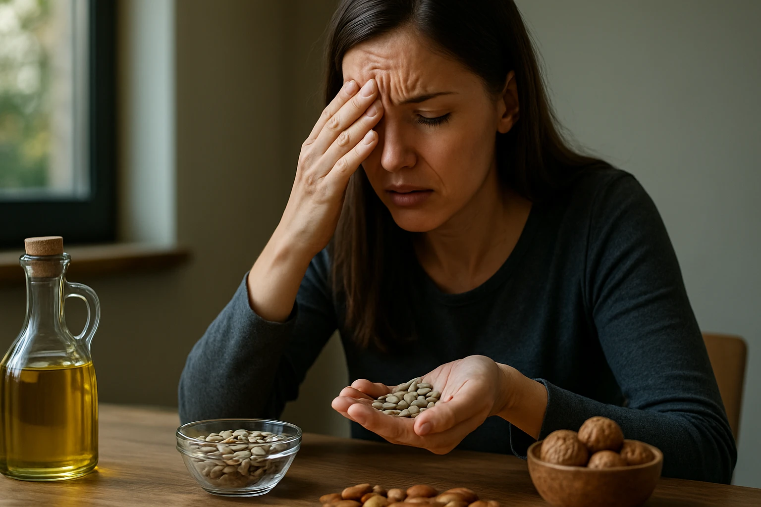 Žena s úzkosťou drží olejnaté semená, vedľa je olej a orechy.