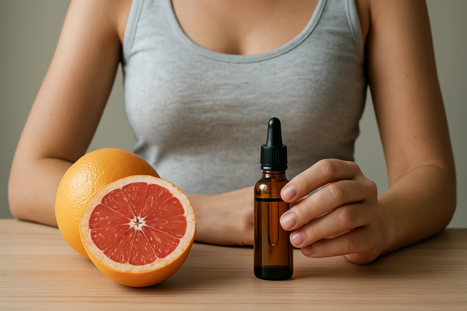 Žena drží fľašu grapefruitových kvapiek s grapefruity na stole.