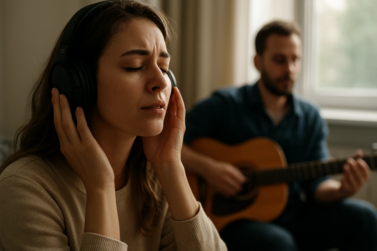 Žena s slúchadlami a muž hrajúci na gitaru, vyjadrujúci emócie cez hudbu.