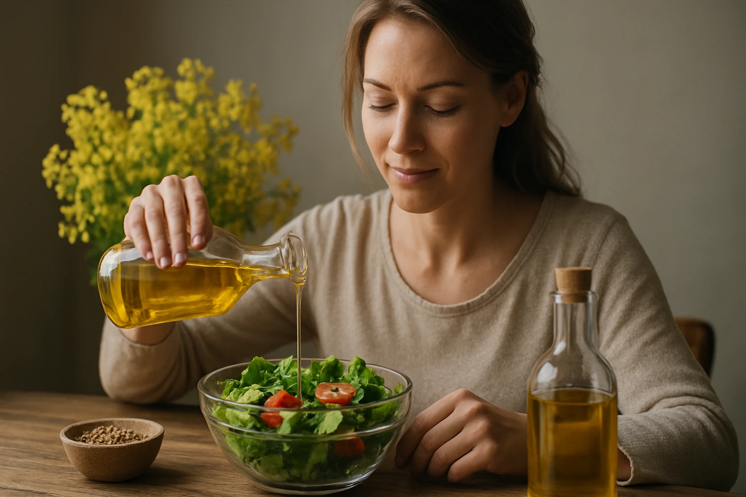 Žena pridáva repkový olej do šalátu pre zdravo výživné jedlo.