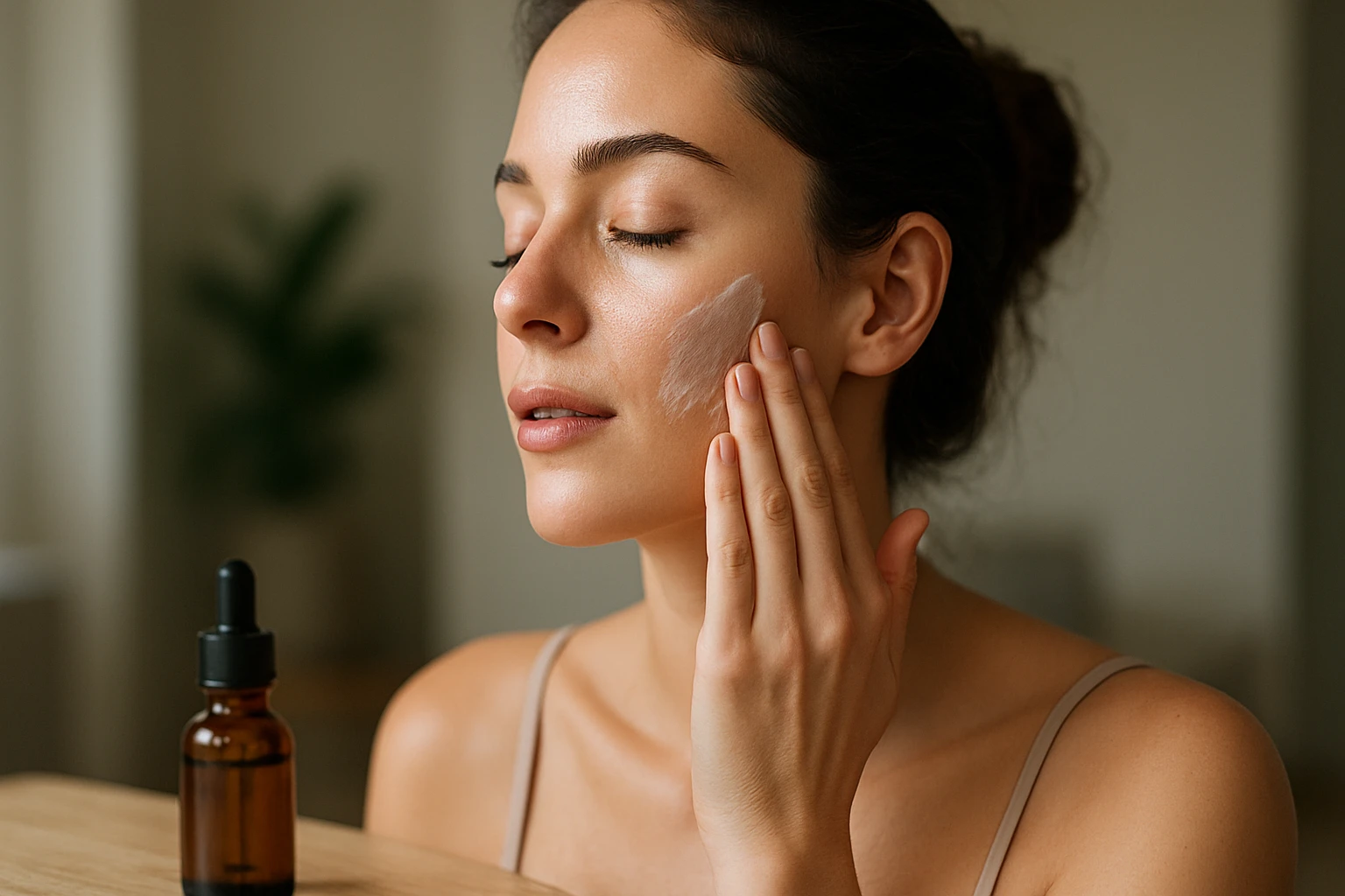 Žena aplikuje pleťový produkt na svoju tvár.