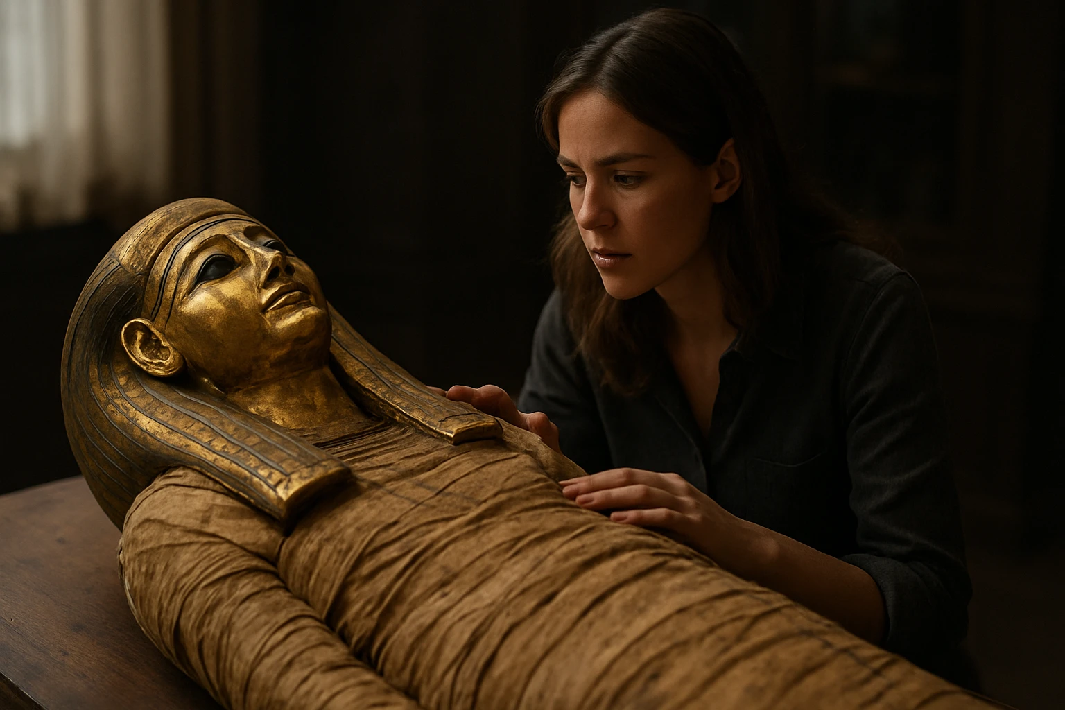 Žena skúma zlatú múmiu v historickej miestnosti.