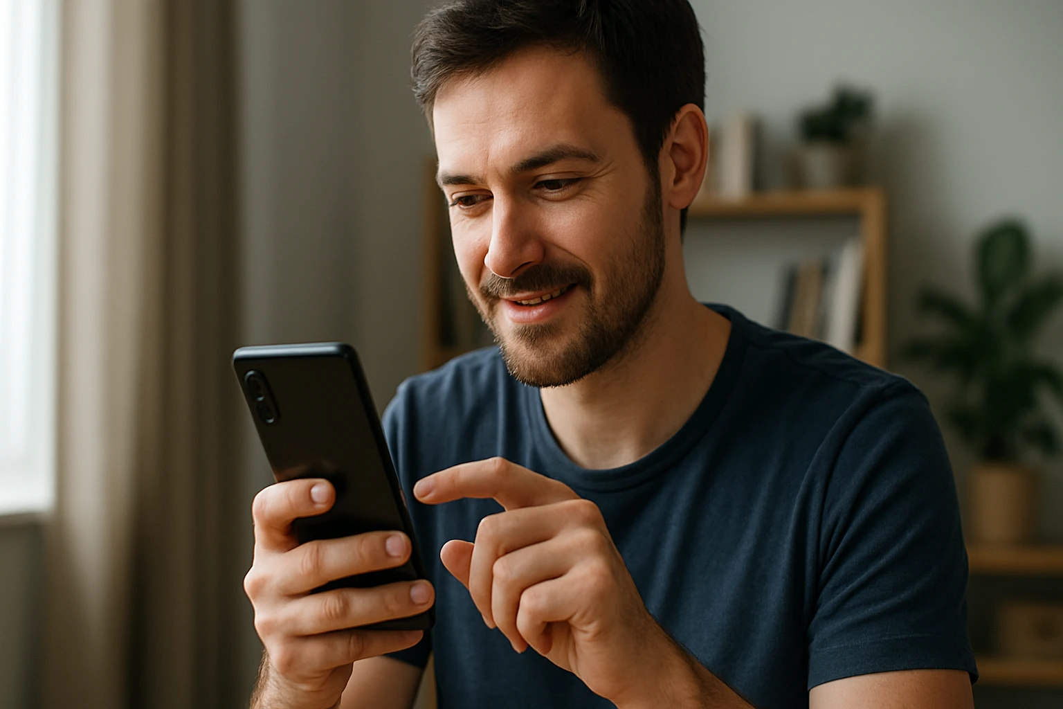 Muž so smartfónom, ktorý sa usmieva pri používaní aplikácie.