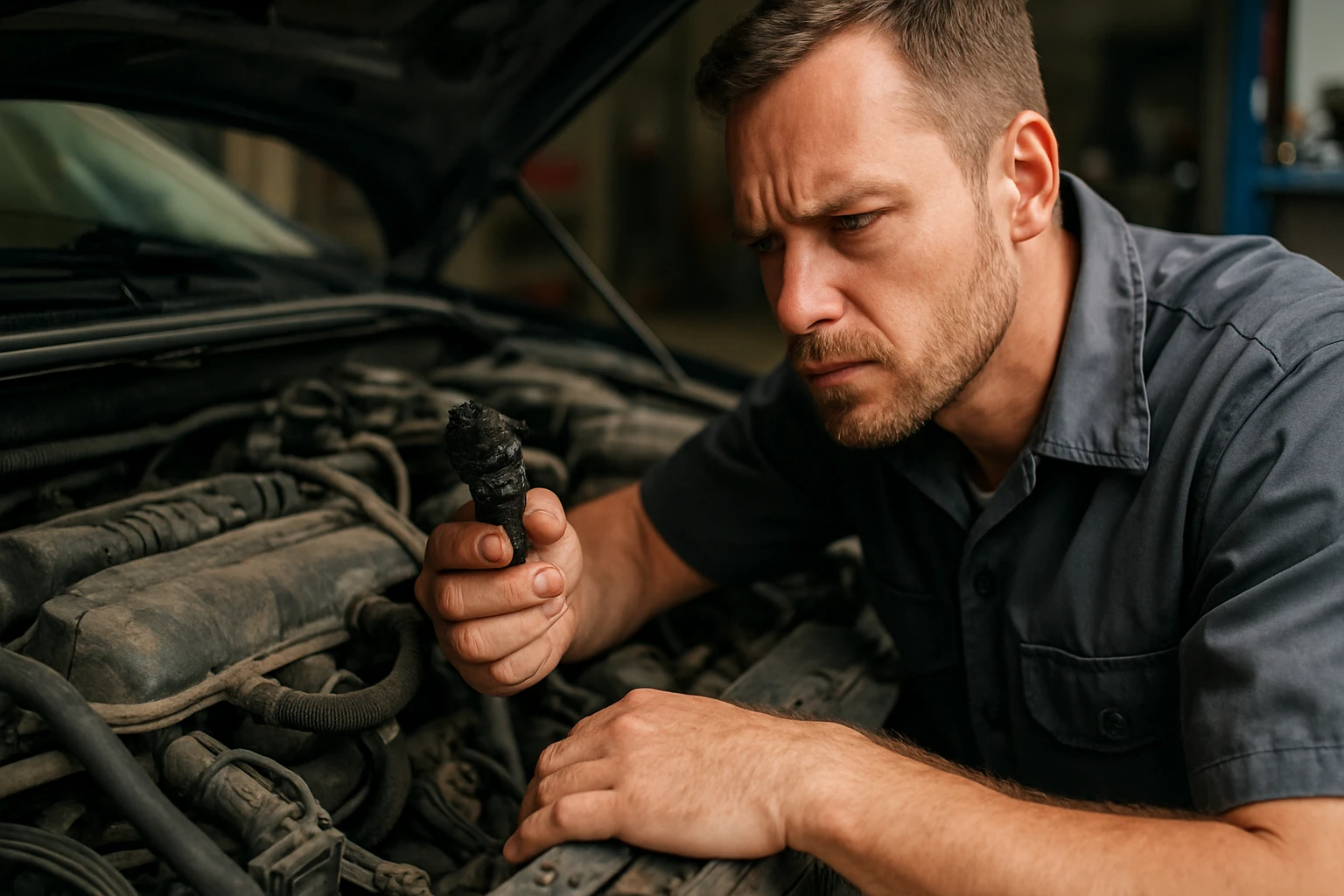 Mechanik skúma zanesený PCV ventil pod kapotou auta.