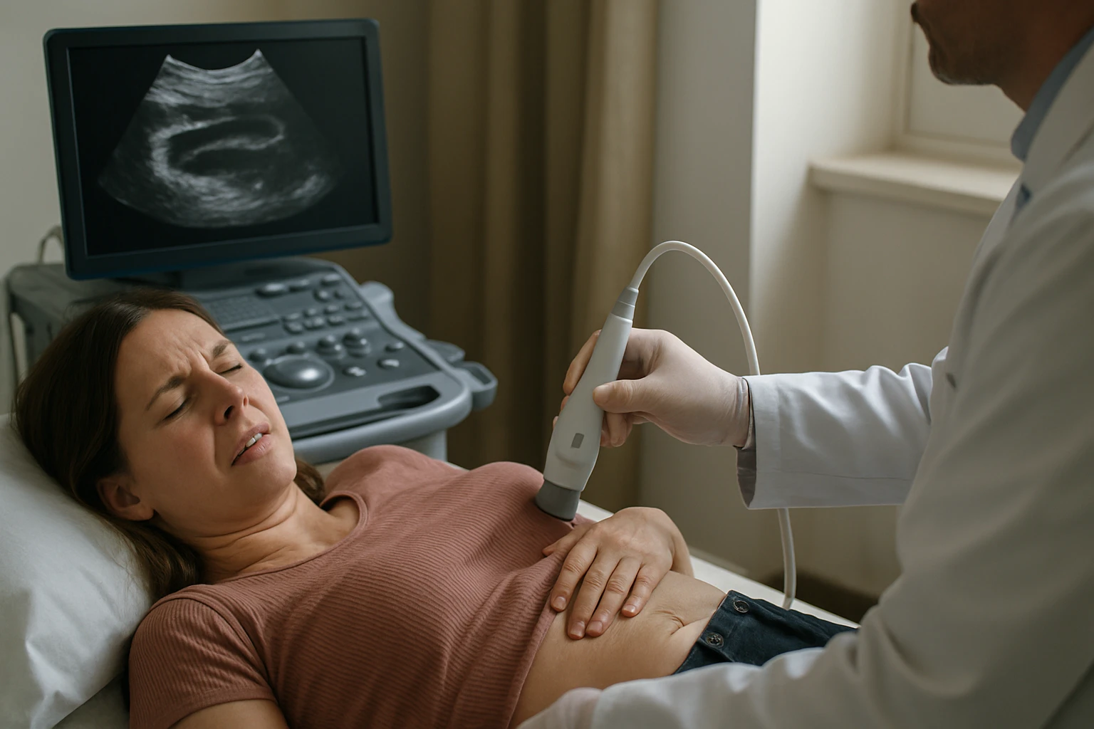 Žena počas ultrazvukového vyšetrenia, zdravotné riziká