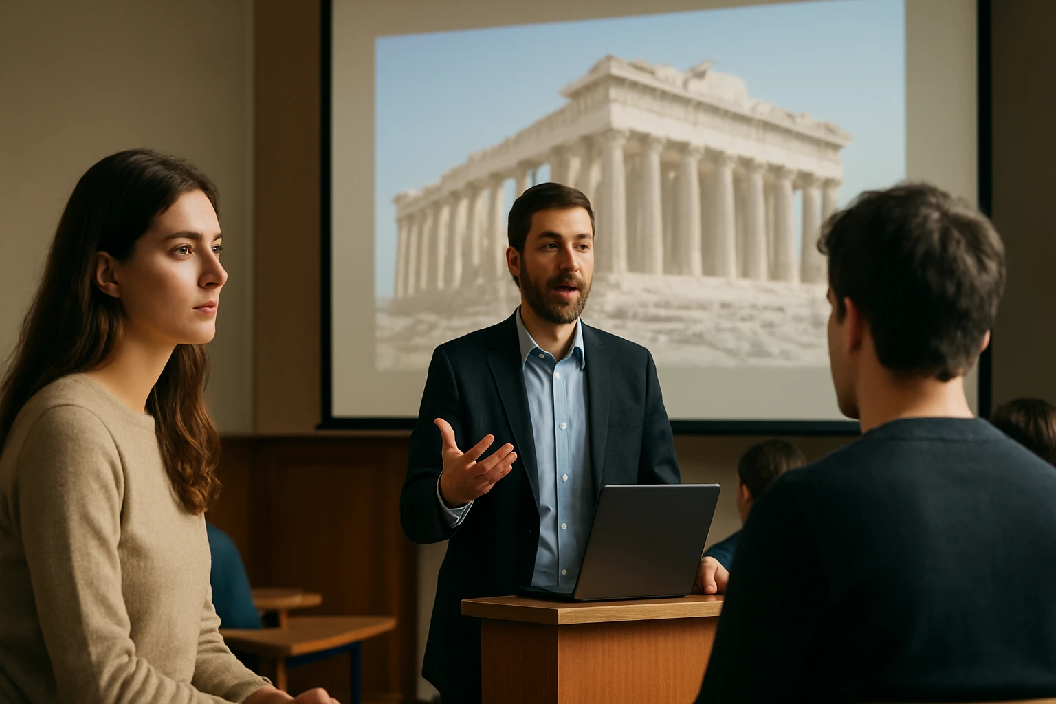Prednáška o aténskej demokracii s historickým pozadím.