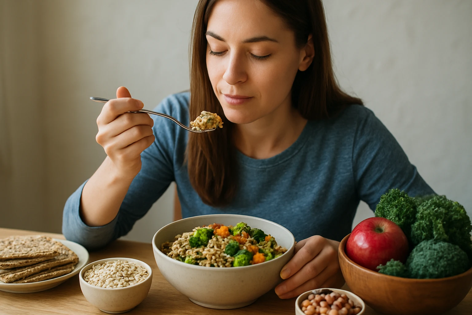 Žena vychutnáva zdravé jedlo bohaté na vlákninu s brokolicou a ovsenými vločkami.