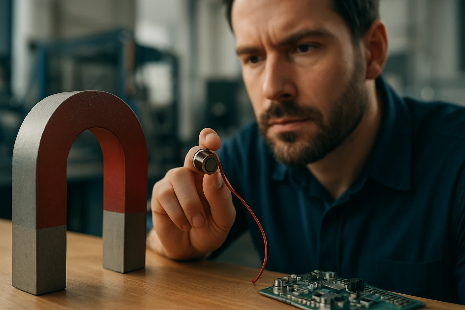 Muž skúma magnetický snímač pri veľkom magnete v laboratóriu.