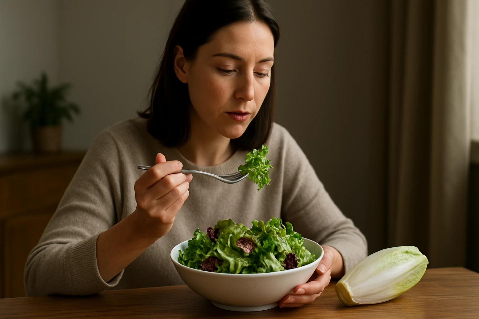 Žena jesť šalát s čakankou a zeleninou, zdravá výživa