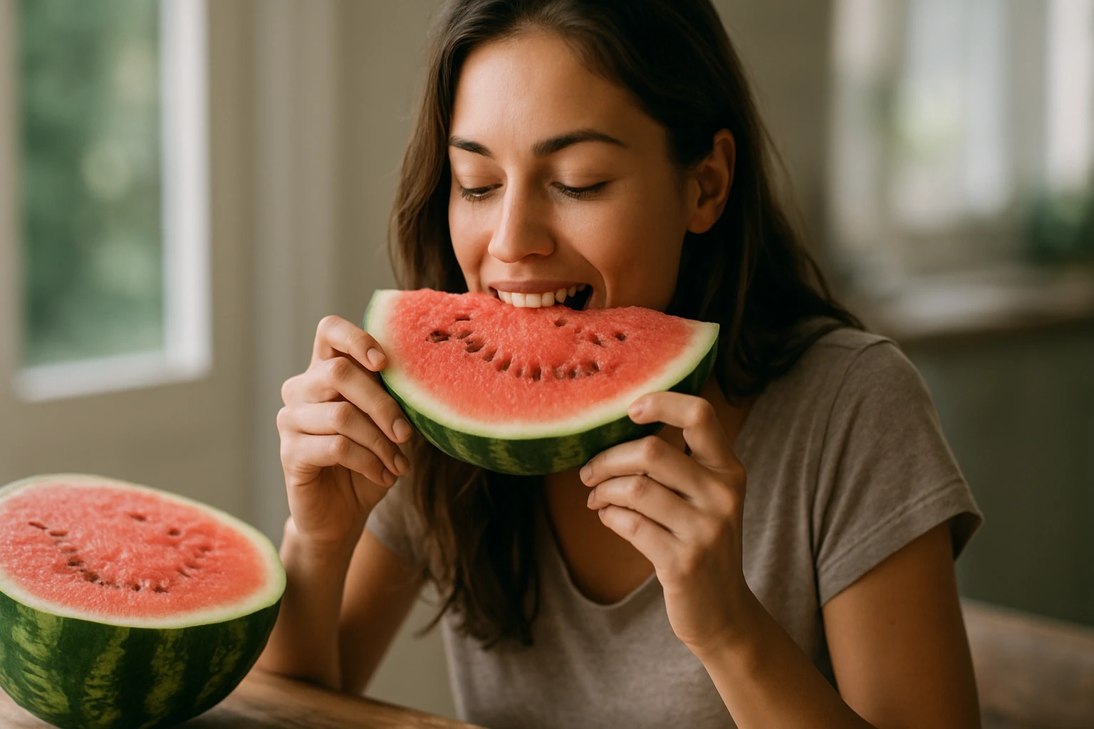 Žena vychutnávajúca si šťavnatý melón v kuchyni
