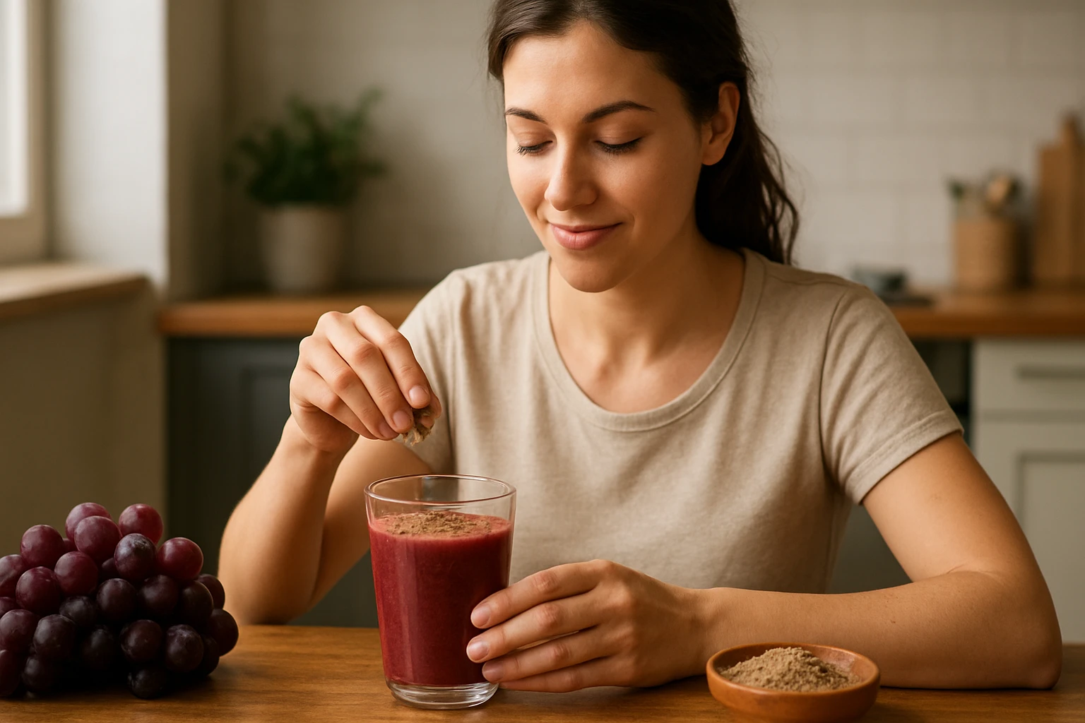 Žena pripravuje smoothie s mletými hroznovými semienkami.
