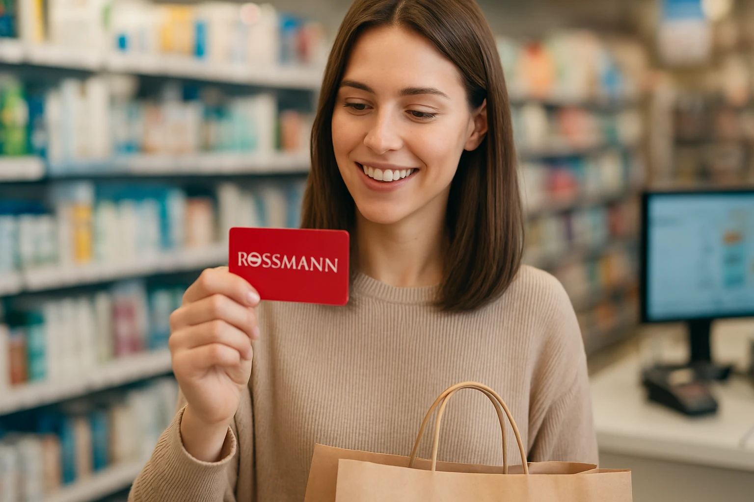 Žena s Rossmann kartou v obchode so zľavami a tovarom