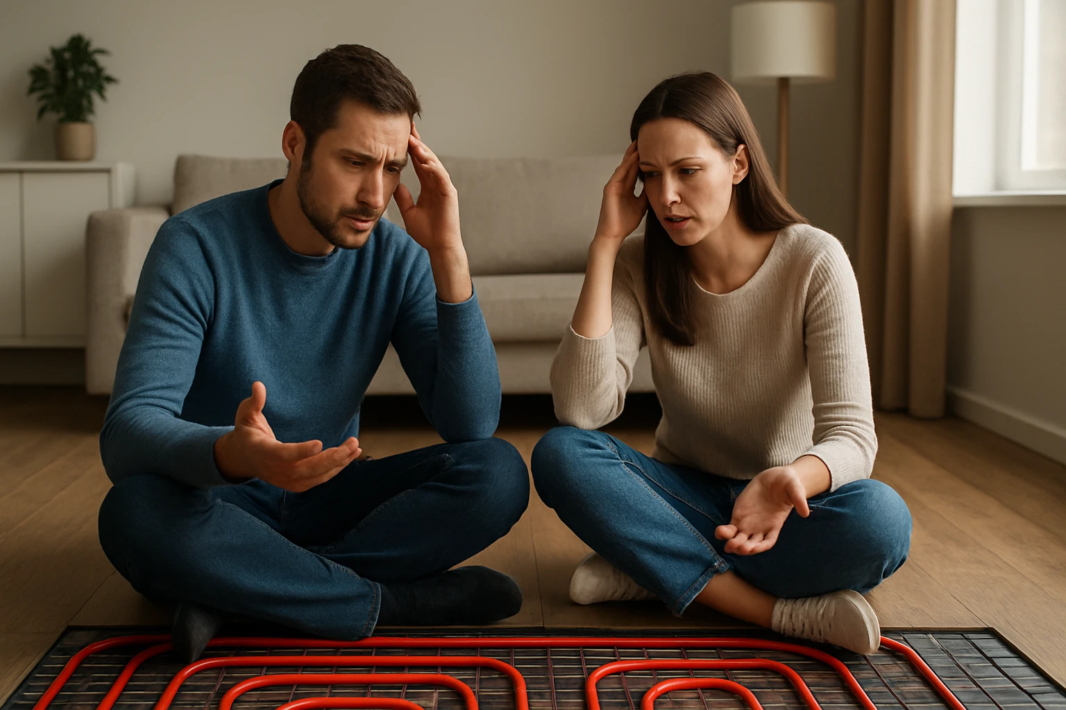 Pár diskutuje o podlahovom kúrení a jeho výhodách a nevýhodách.