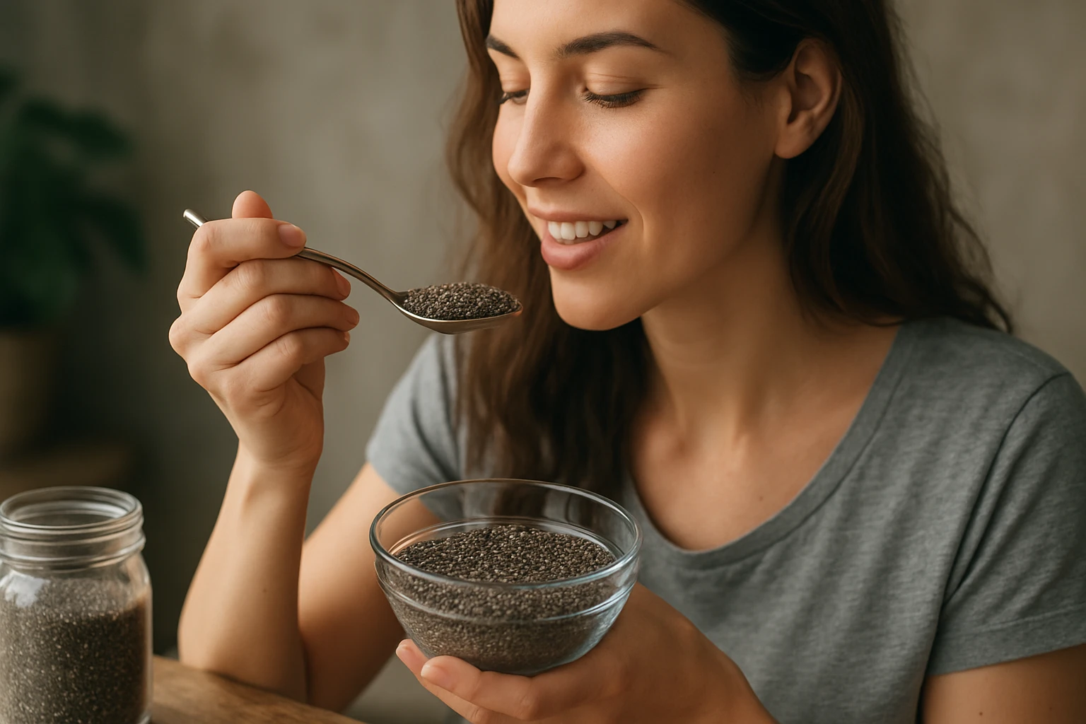 Žena s chia semienkami v miske a lyžici, usmievajúca sa.