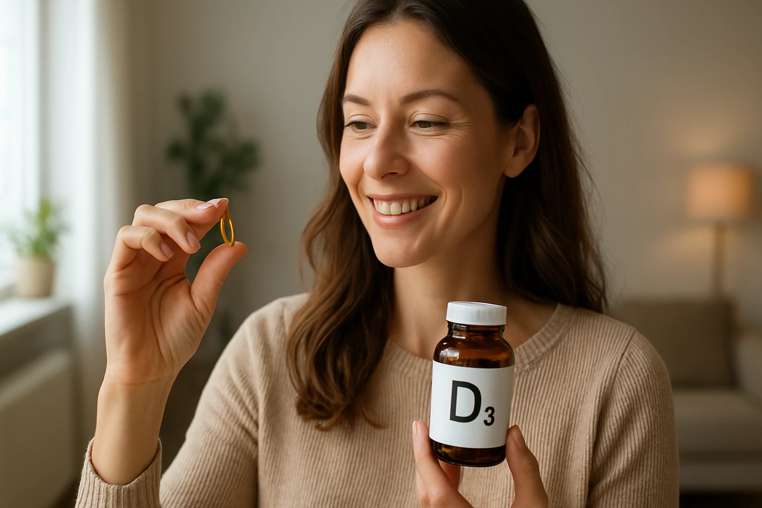 Žena sa usmieva pri držaní kapsuly D3 a fľaše s vitamínom.