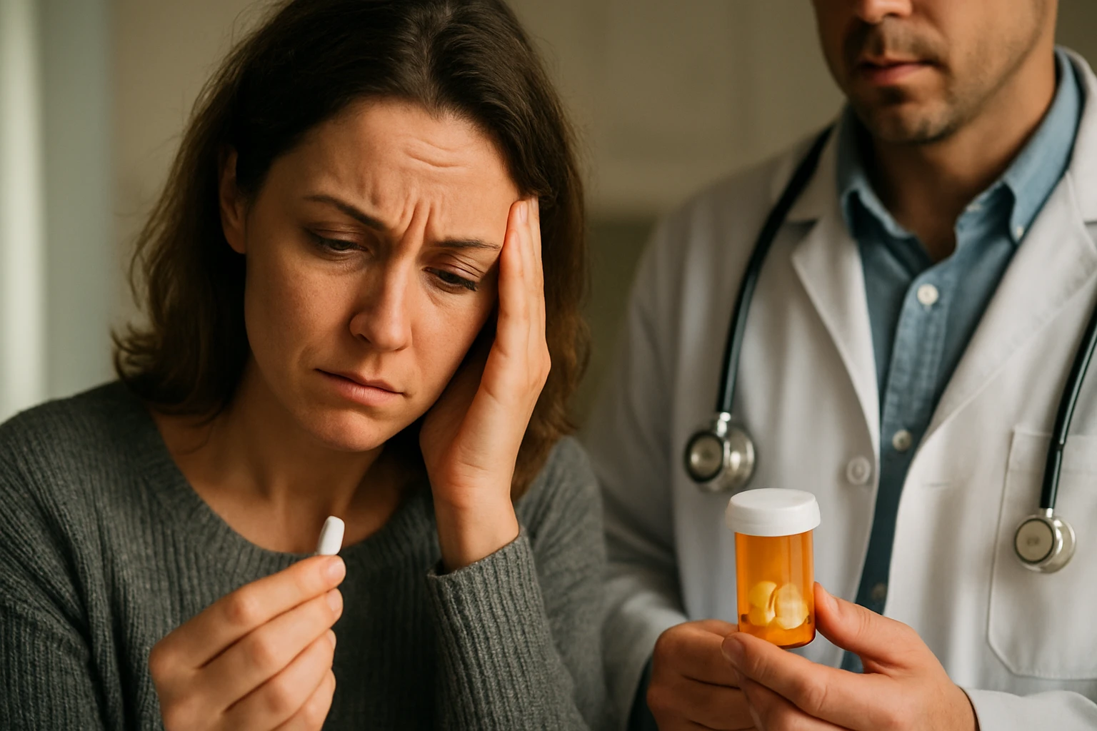 Žena znepokojená nad liekom v ruke a komunikujúca s lekárom.