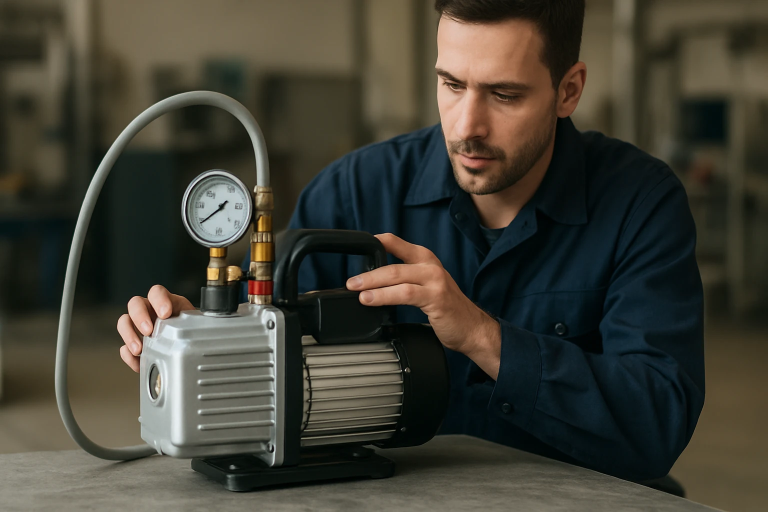 Technik kontroluje dvojstupňové vákuové čerpadlo na stole