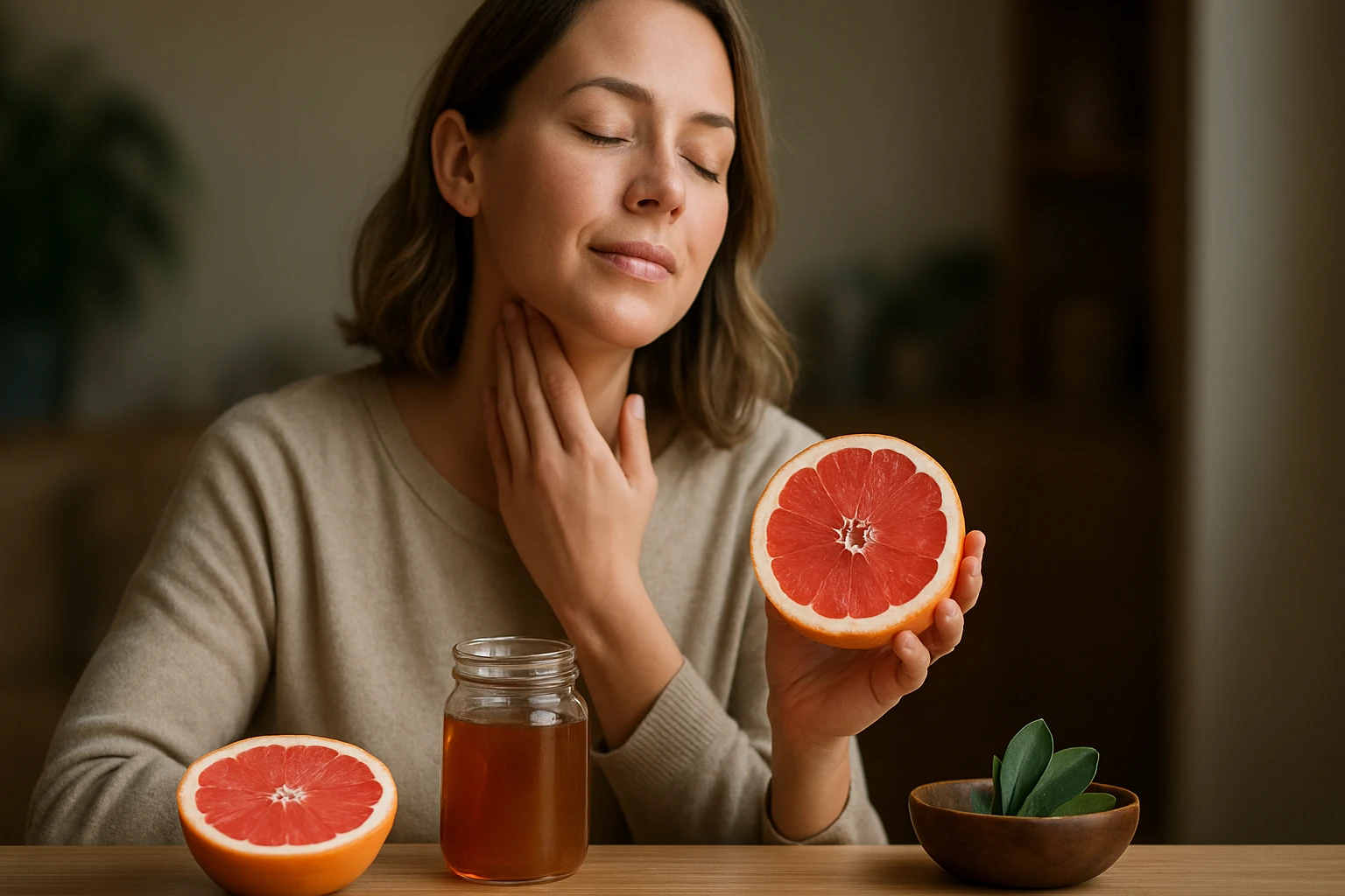 Žena s grapefruitom a medom, objavuje zdravotné výhody
