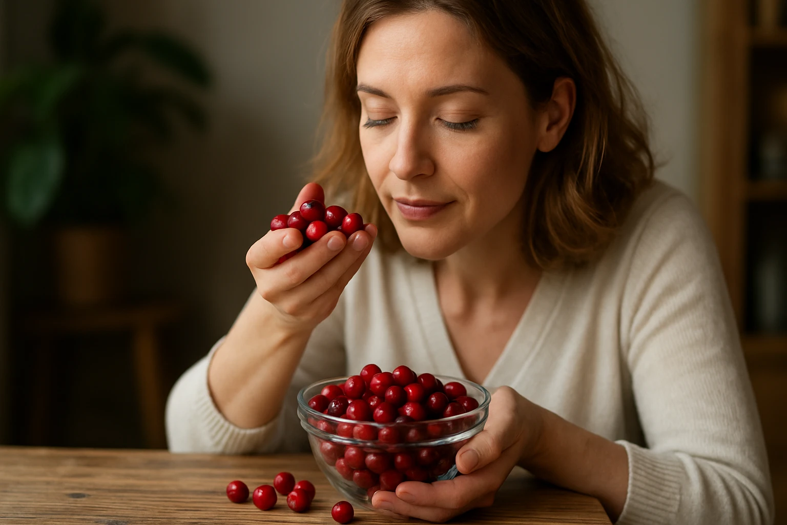 Žena si užíva čerstvé brusnice v miske, posilňuje zdravie a imunitu.