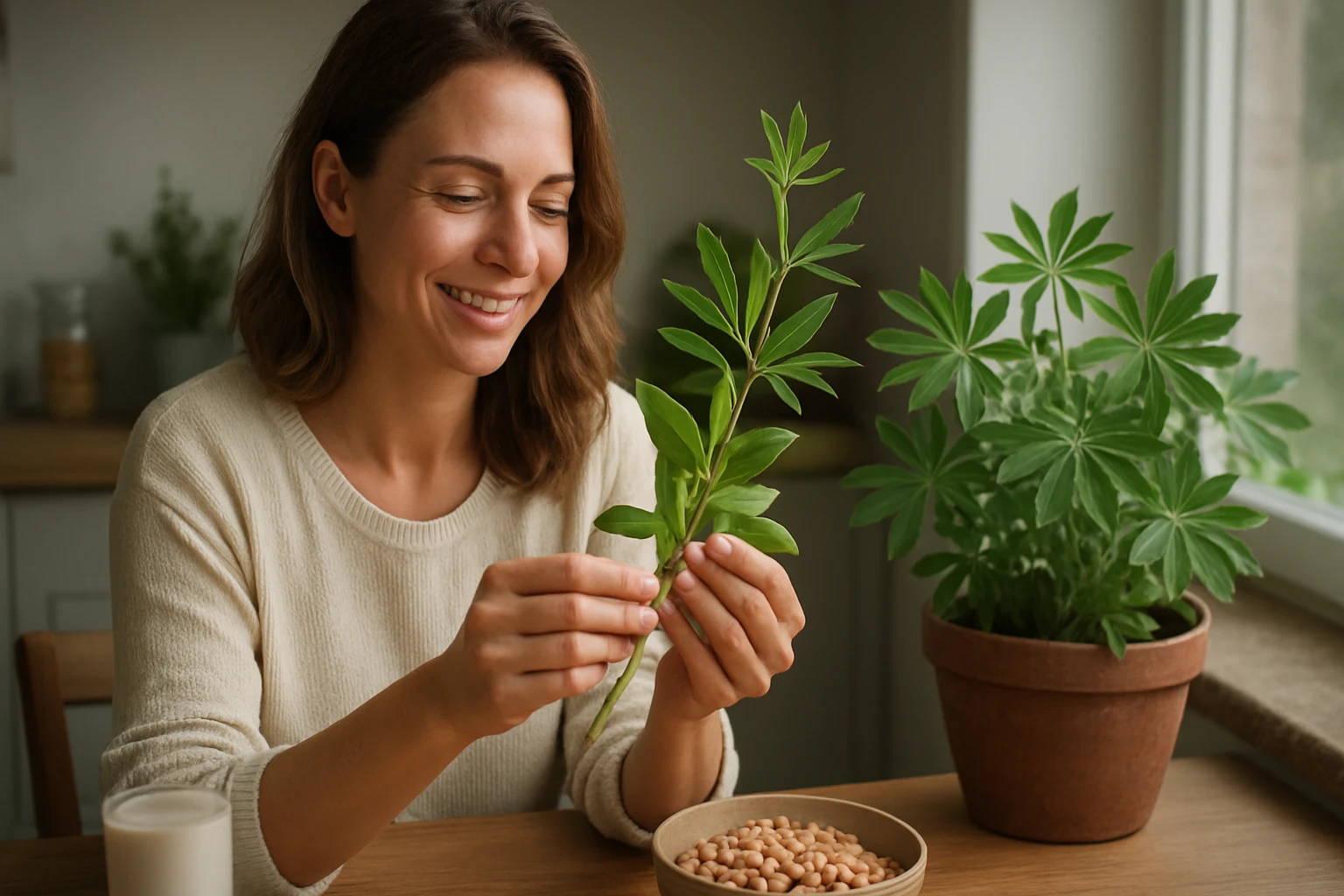 Žena so ženšenom a lupinou, symbolizujúcou zdravie a ekológiu.