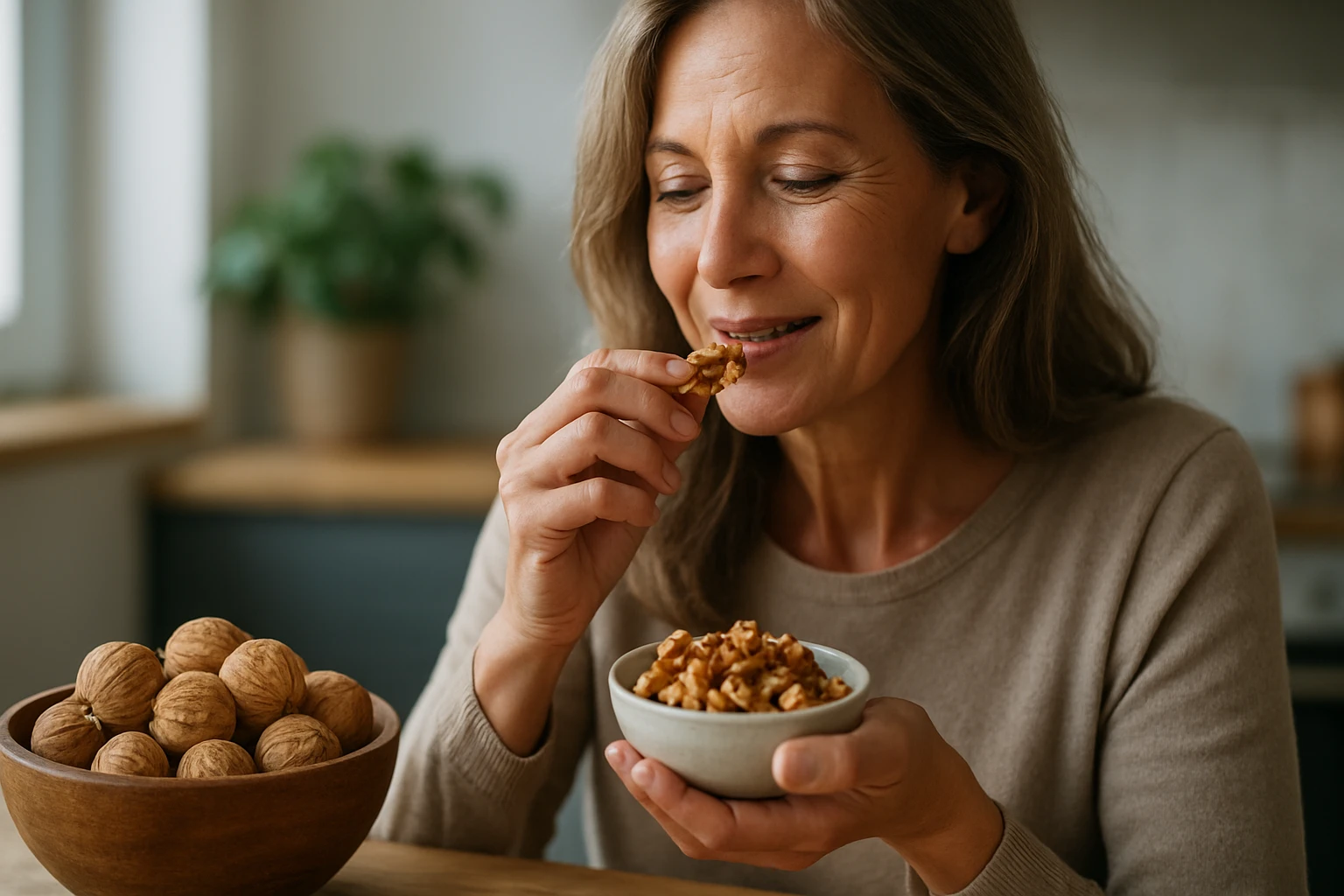Žena si vychutnáva orechy zo misa v kuchyni