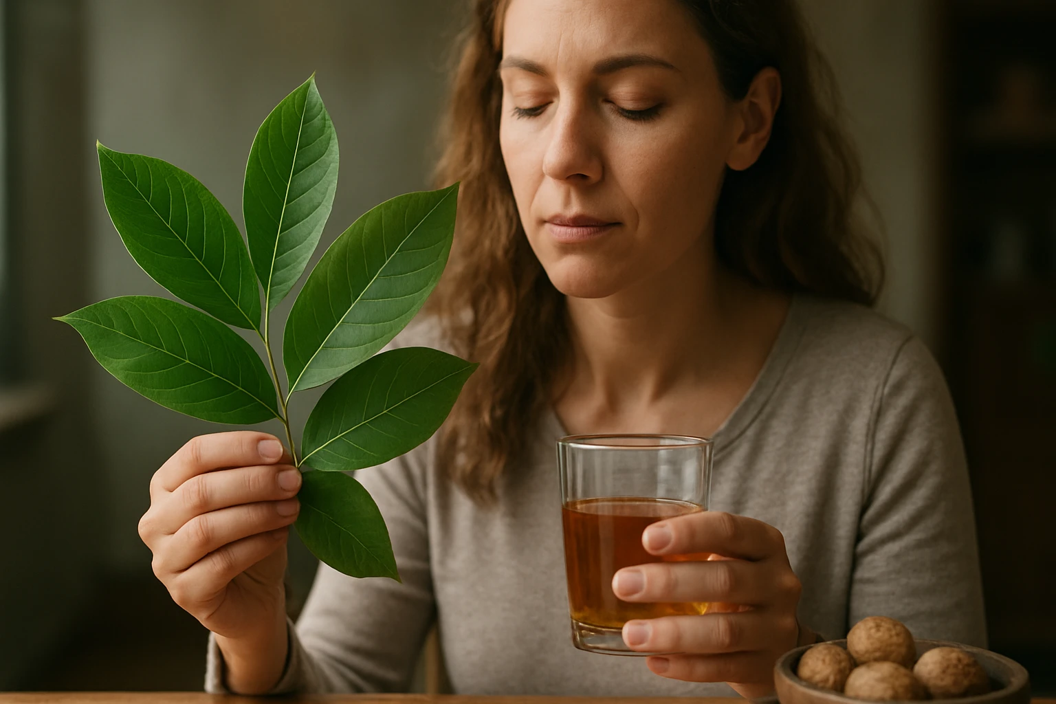 Žena s orechovými listami a šálkou čaju v ruke.