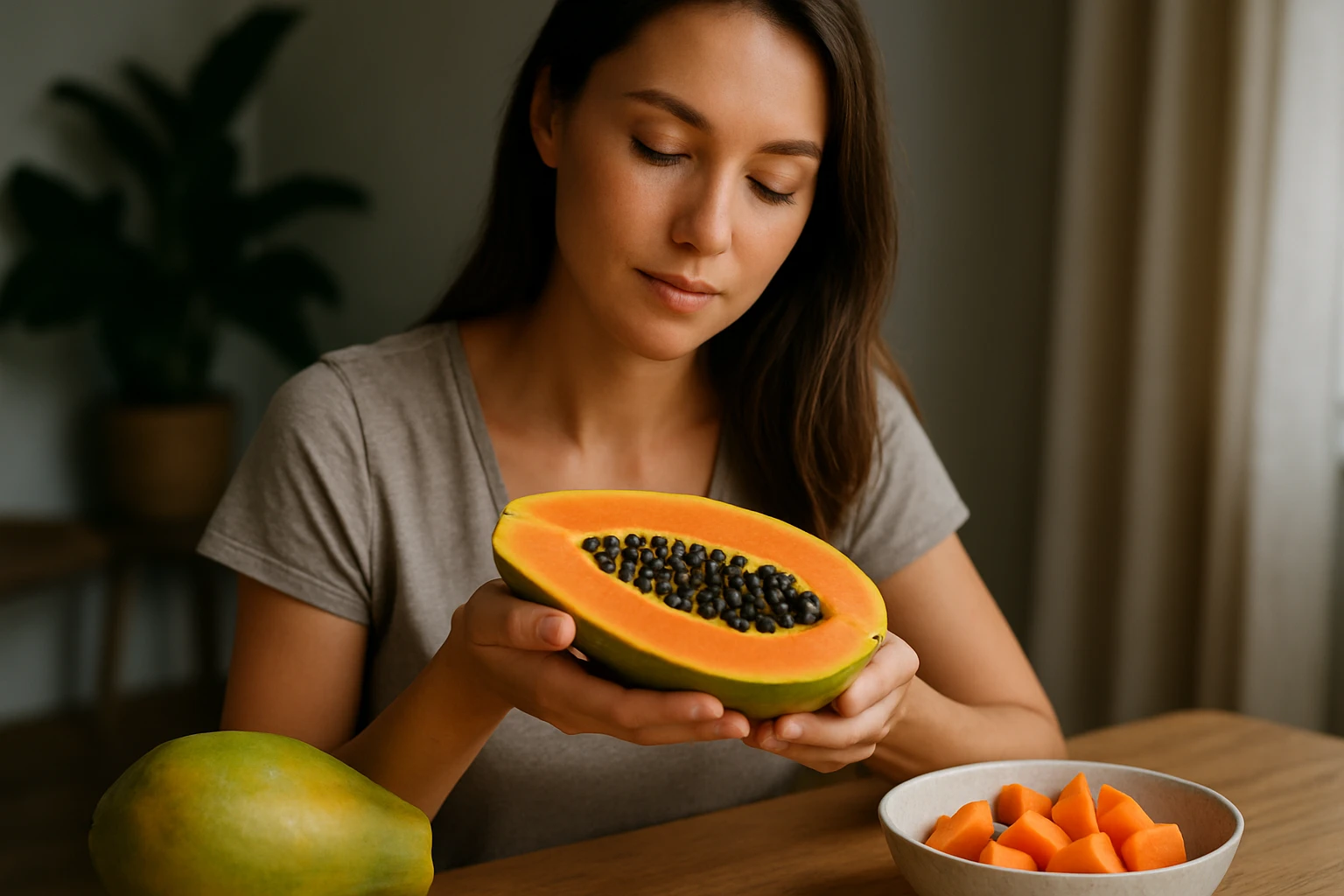 Žena s papájou, ovocím bohatým na živiny a zdravotné výhody.